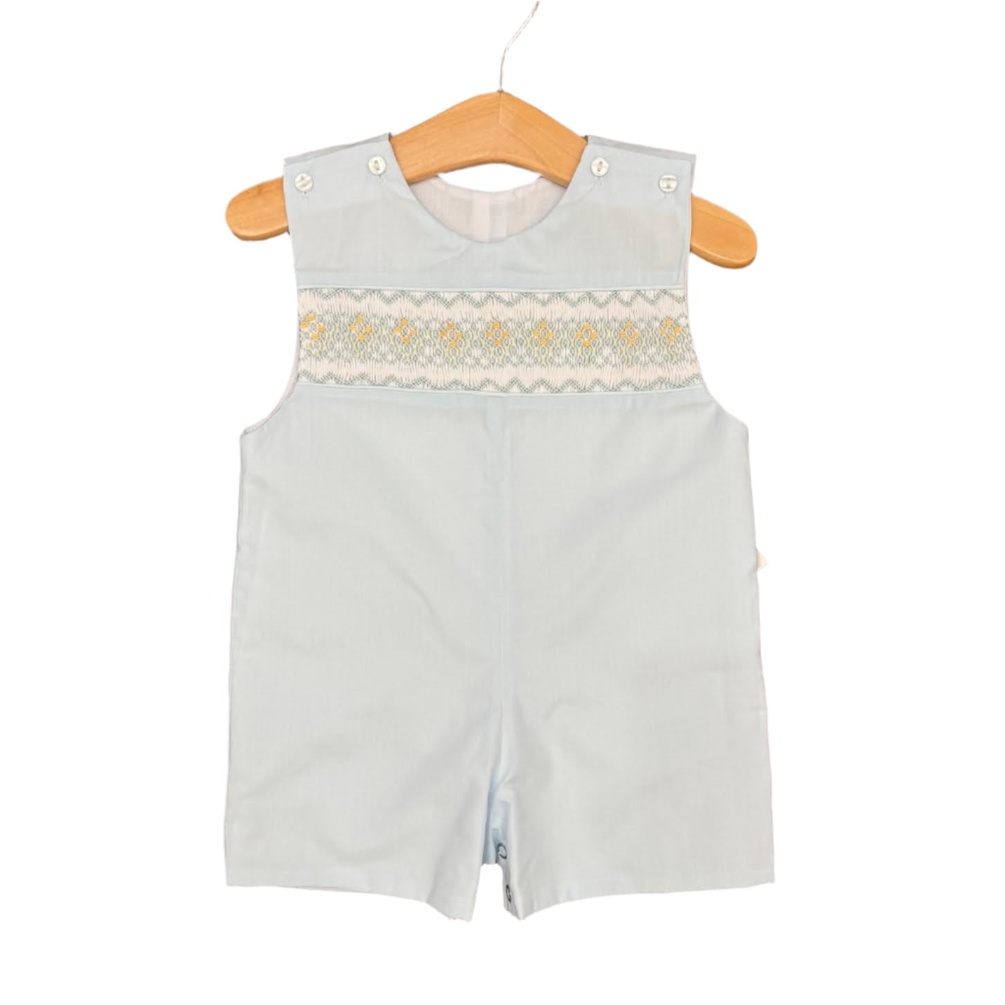 Pete Smocked Shortall: Light Blue with Mint/Blue/Yellow Smocking