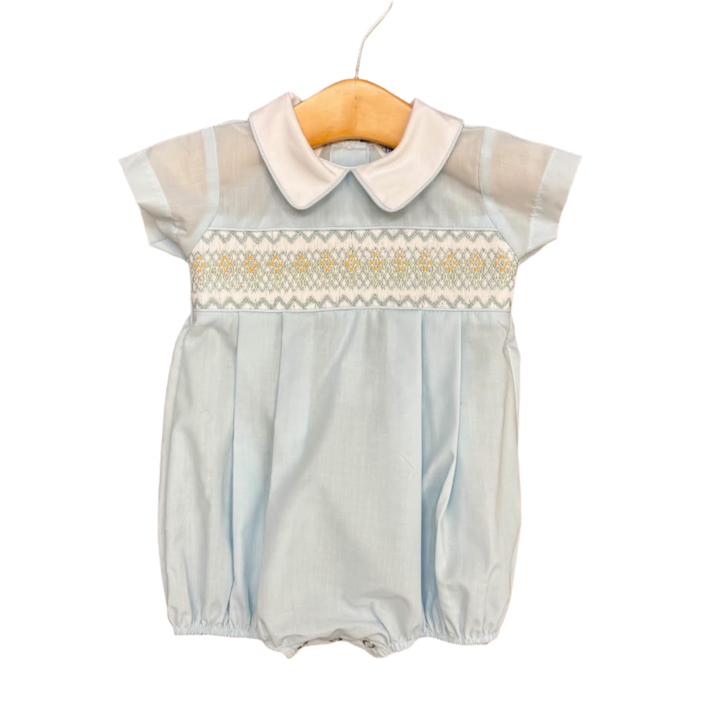 Blake Smocked Boy Bubble: Blue with White Peter Pan & Mint/Blue/Yellow Smocking