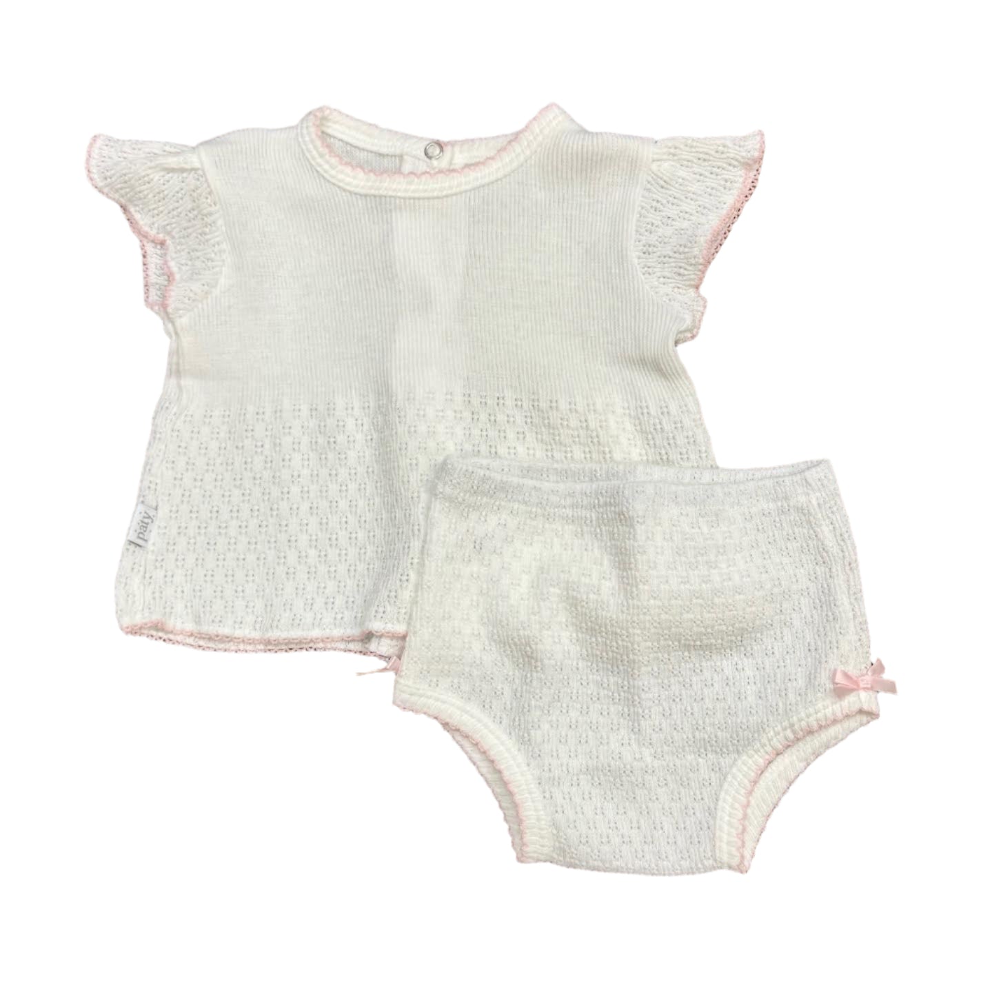 Paty 2-Piece Flutter Sleeve Diaper Set: White with Pink Picot Trim