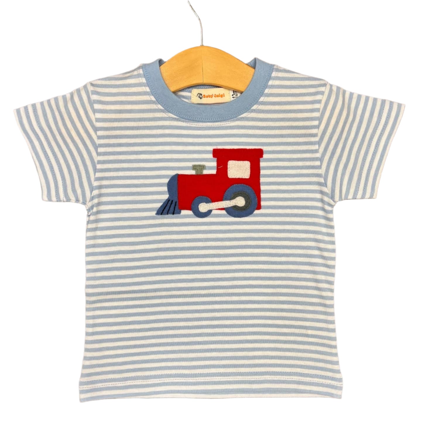 Sky Blue/White Stripe Boys T-Shirt with Train Applique