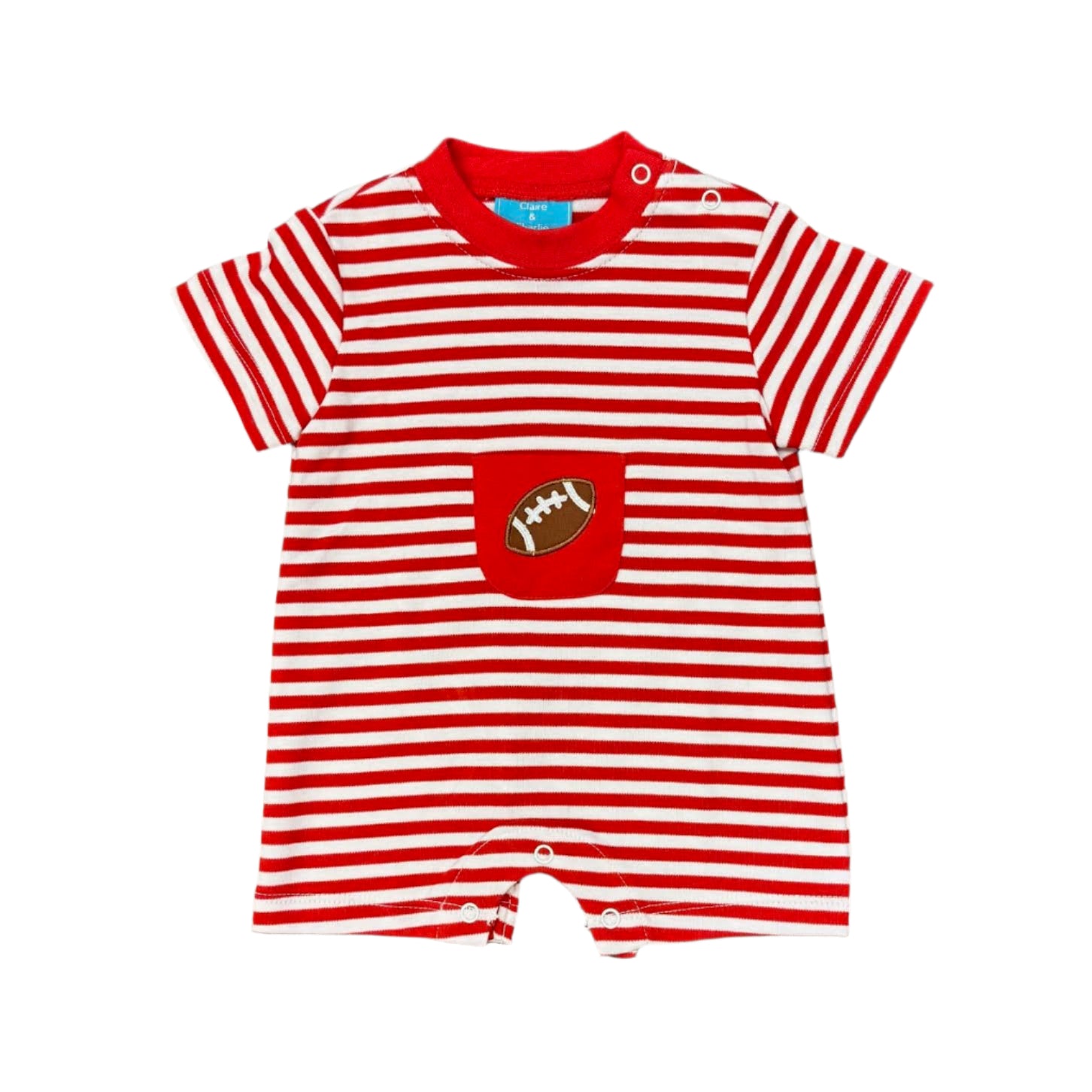 Boys Football Embroidered Short Romper: Red Stripe