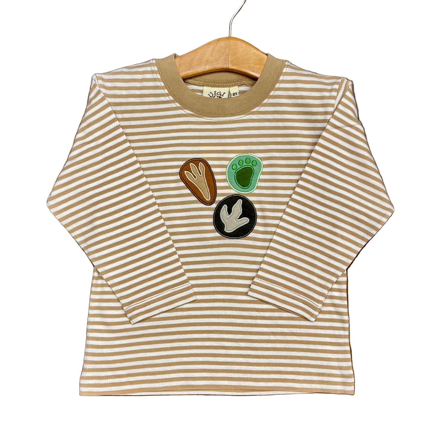 Sand/White Stripe Boys LS T-Shirt with Dino Footprints Applique