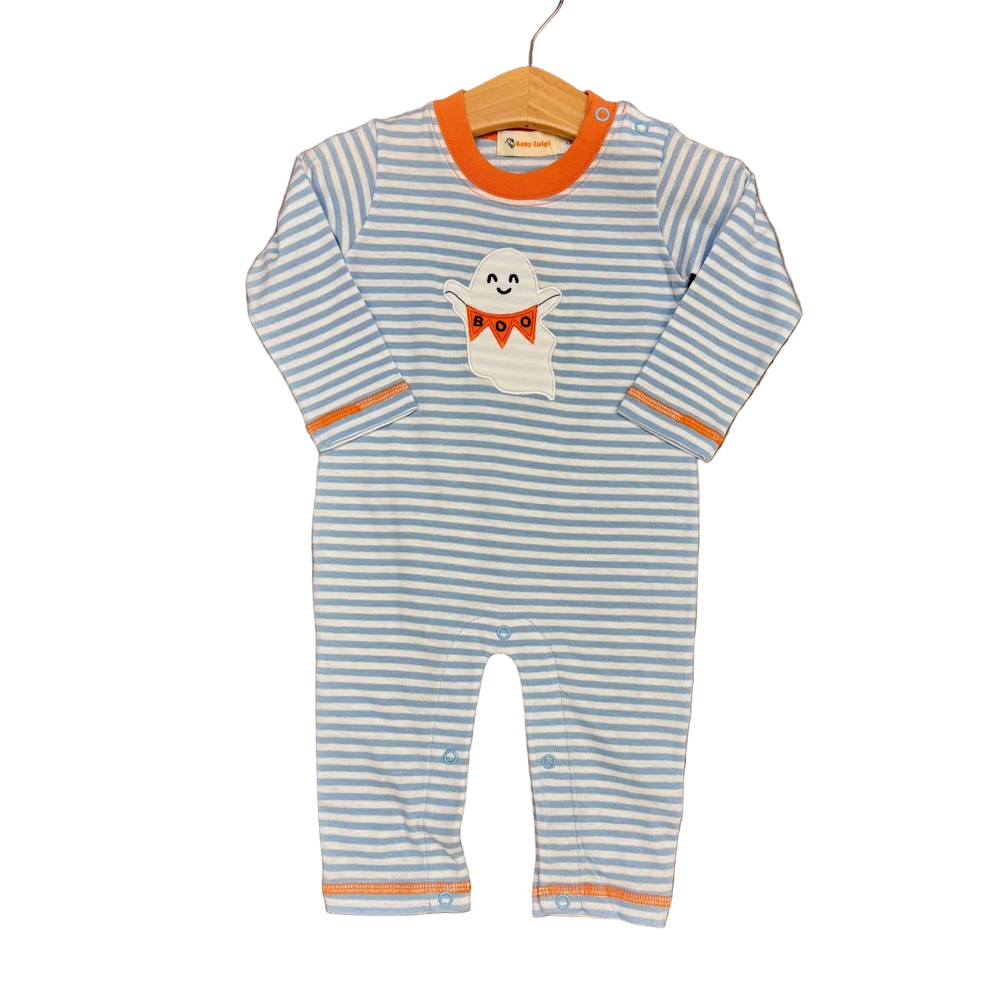 Sky Blue/White Stripe Boys Long Romper with Ghost w/Boo Banner Applique