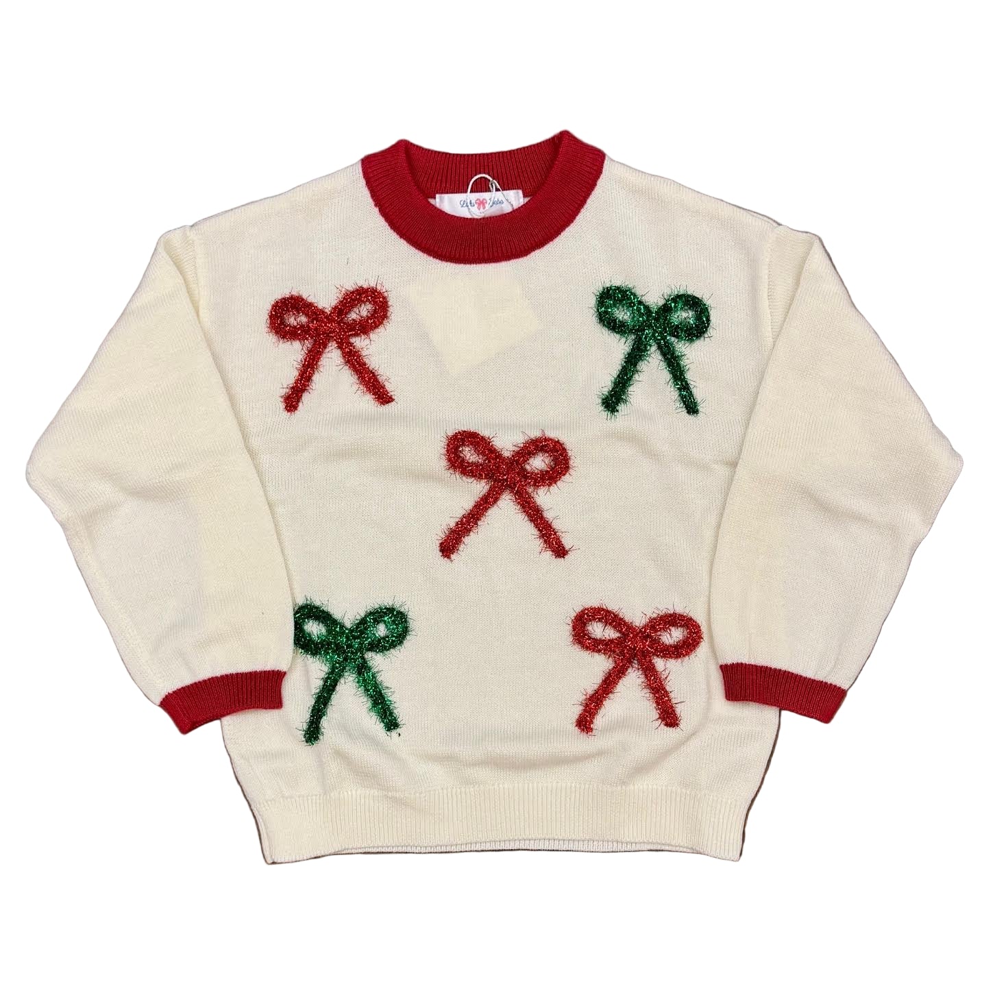 Cream Sweater with Red Trim & Red/Green Bows