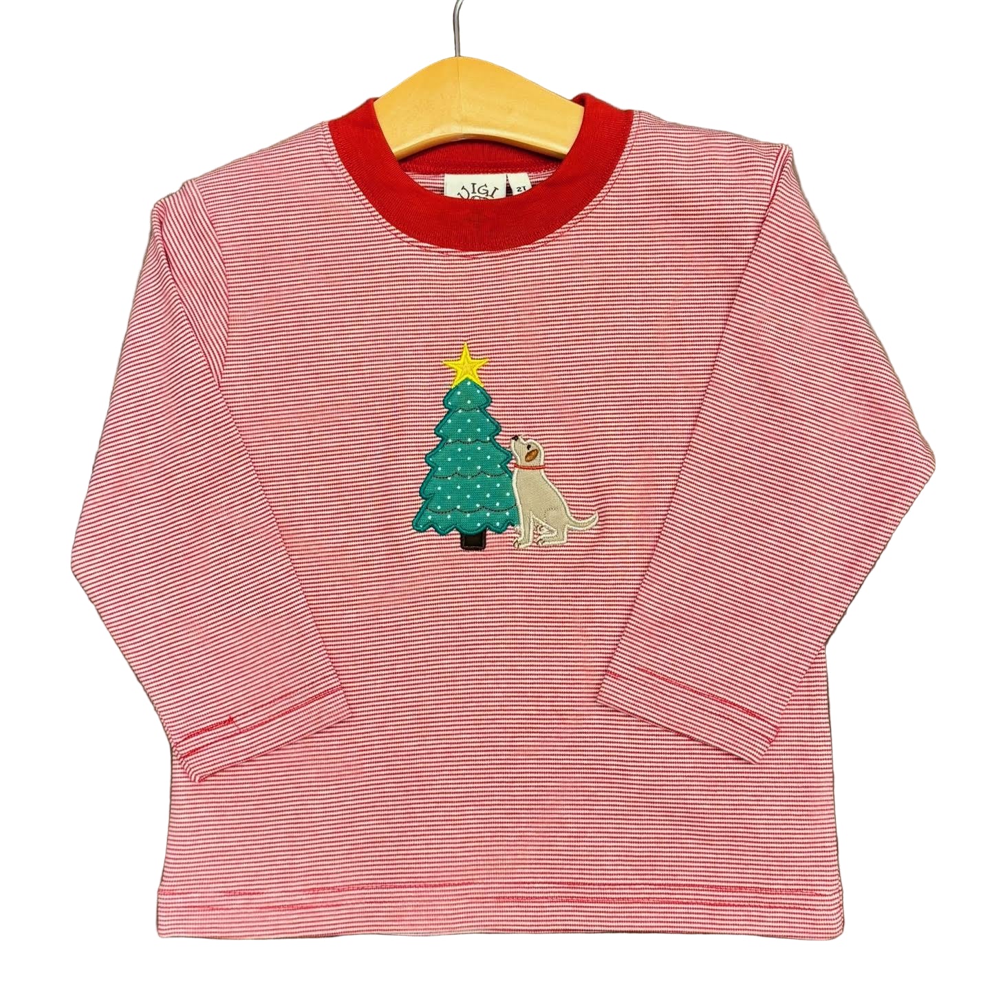 LS Red/White Stripe T-Shirt with Christmas Tree & Lab Applique