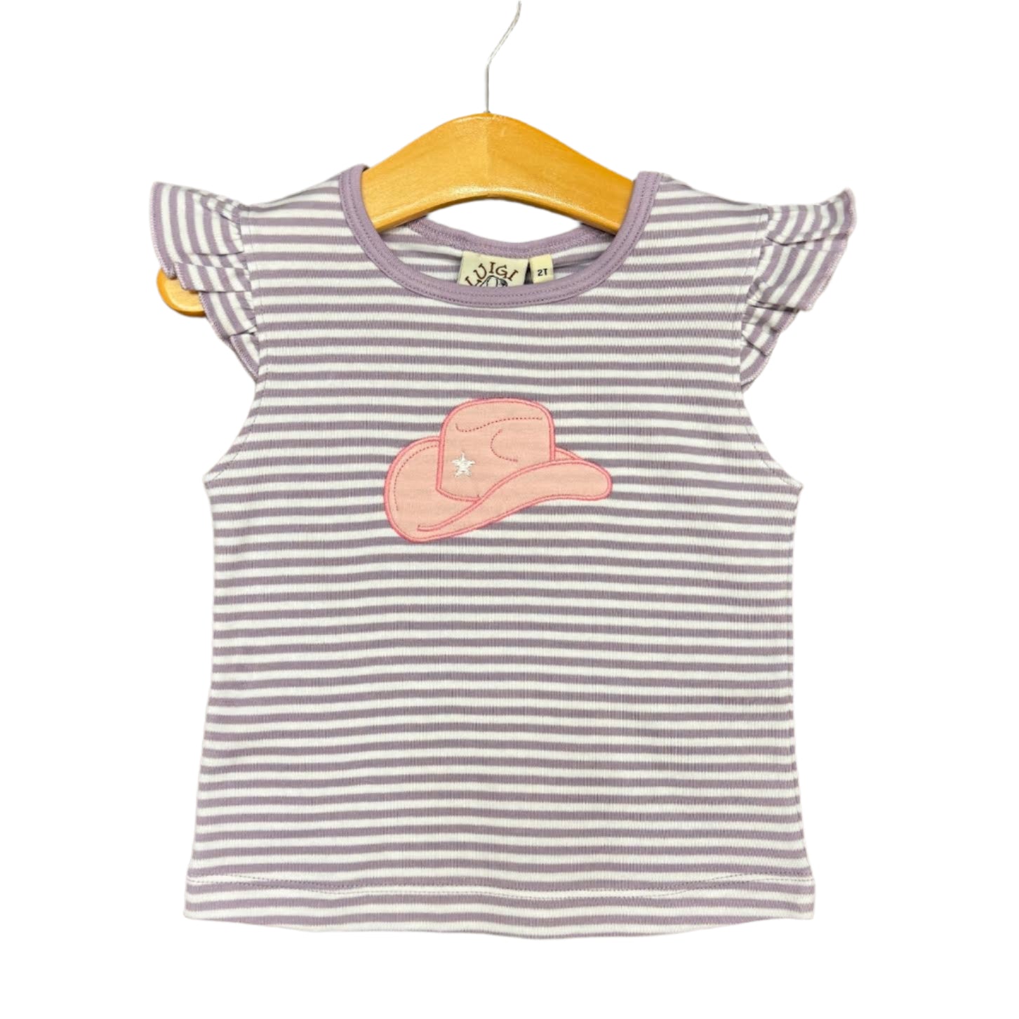 Flutter Sleeve Top: Lavender Stripe with Cowgirl Hat Applique