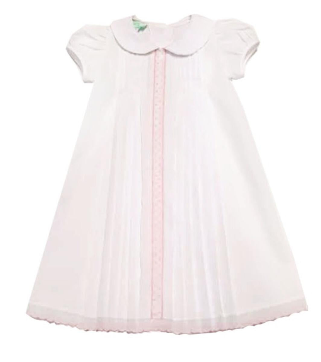 Pleated Baby Girl Day Gown with Peter Pan Collar: White with Pink Trim