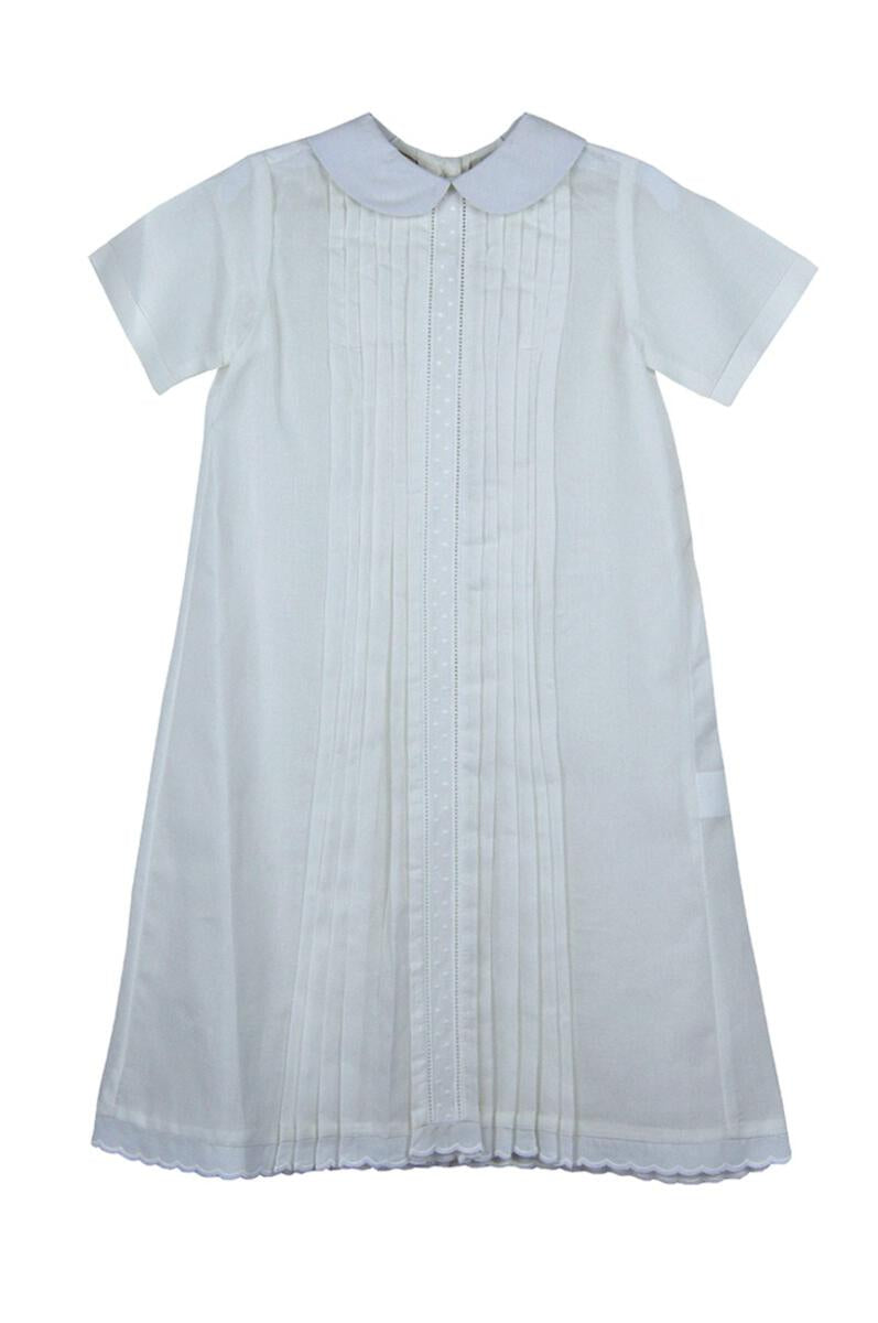 Pleated White Baby Boy Day Gown with Peter Pan Collar