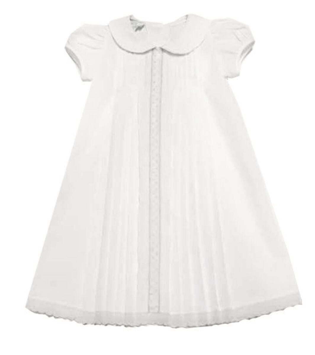 Pleated White Baby Girl Day Gown with Peter Pan Collar