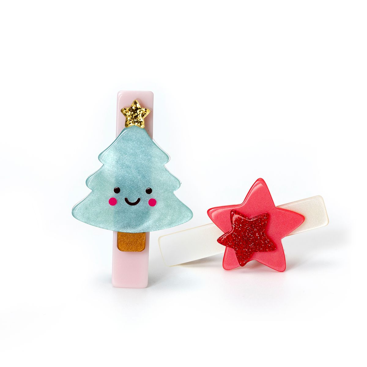 Happy Tree & Red Star Hair Clips