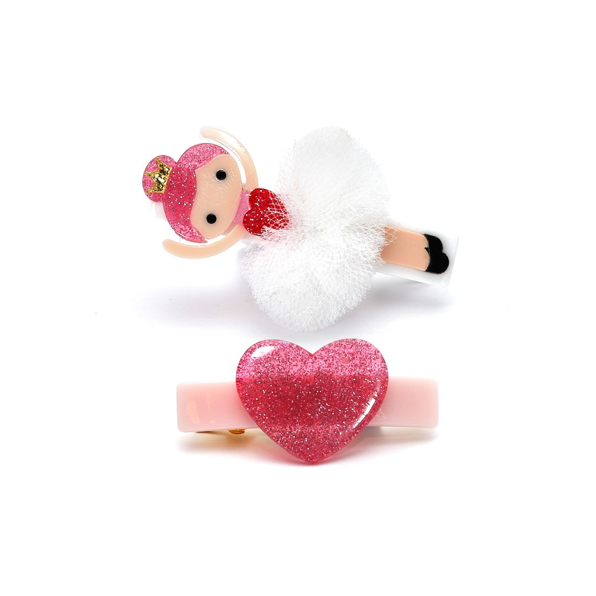 Ballerina Glitter Heart with White Tutu Hair Clips