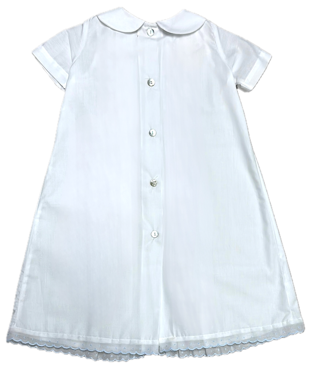 Pleated Baby Boy Day Gown with Peter Pan Collar: White with Light Blue Trim
