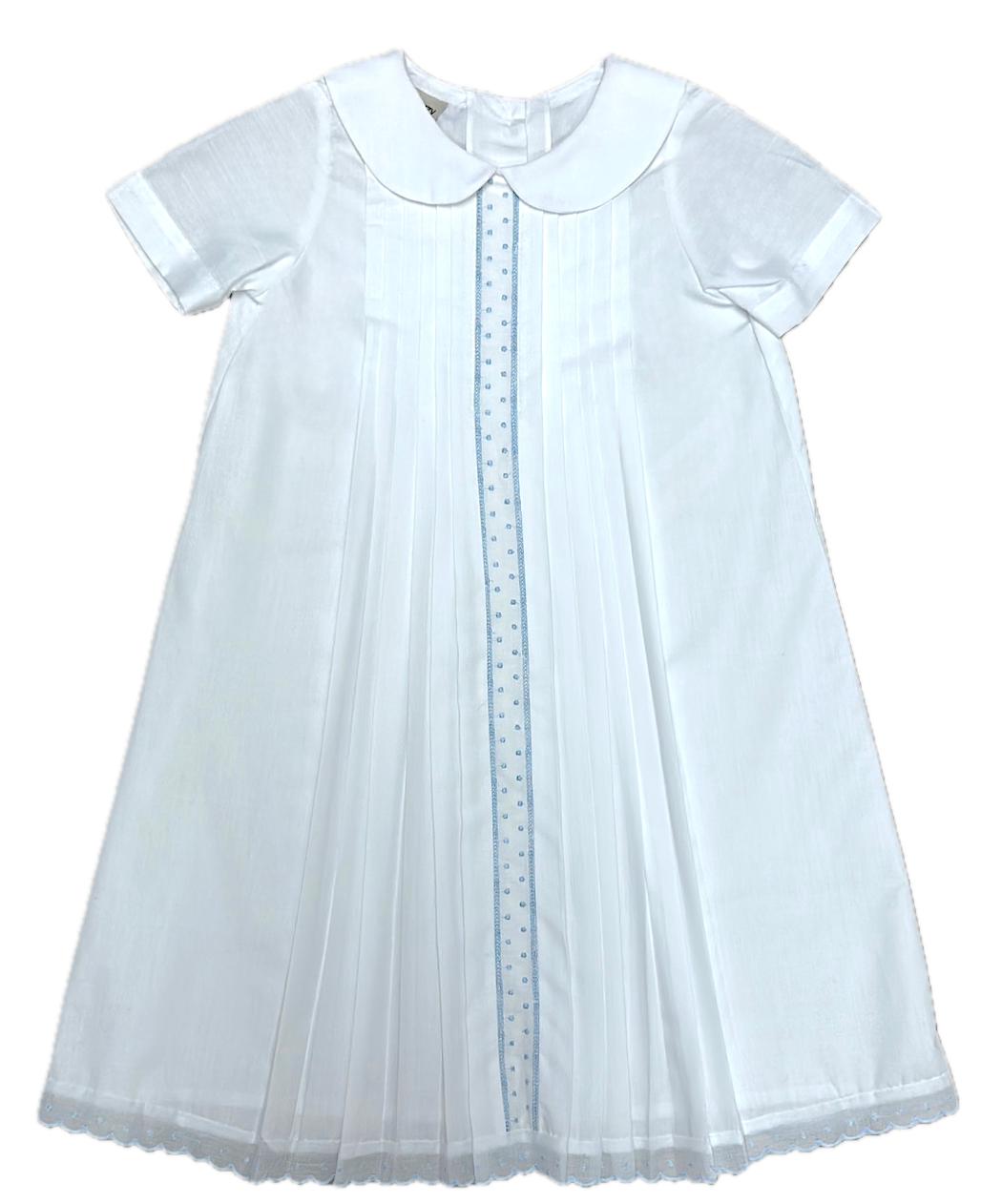 Pleated Baby Boy Day Gown with Peter Pan Collar: White with Light Blue Trim