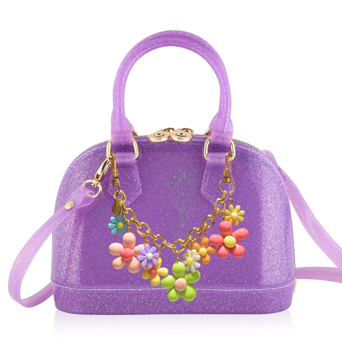 Cate Handbag: Purple Sparkle with Flower Power Swag