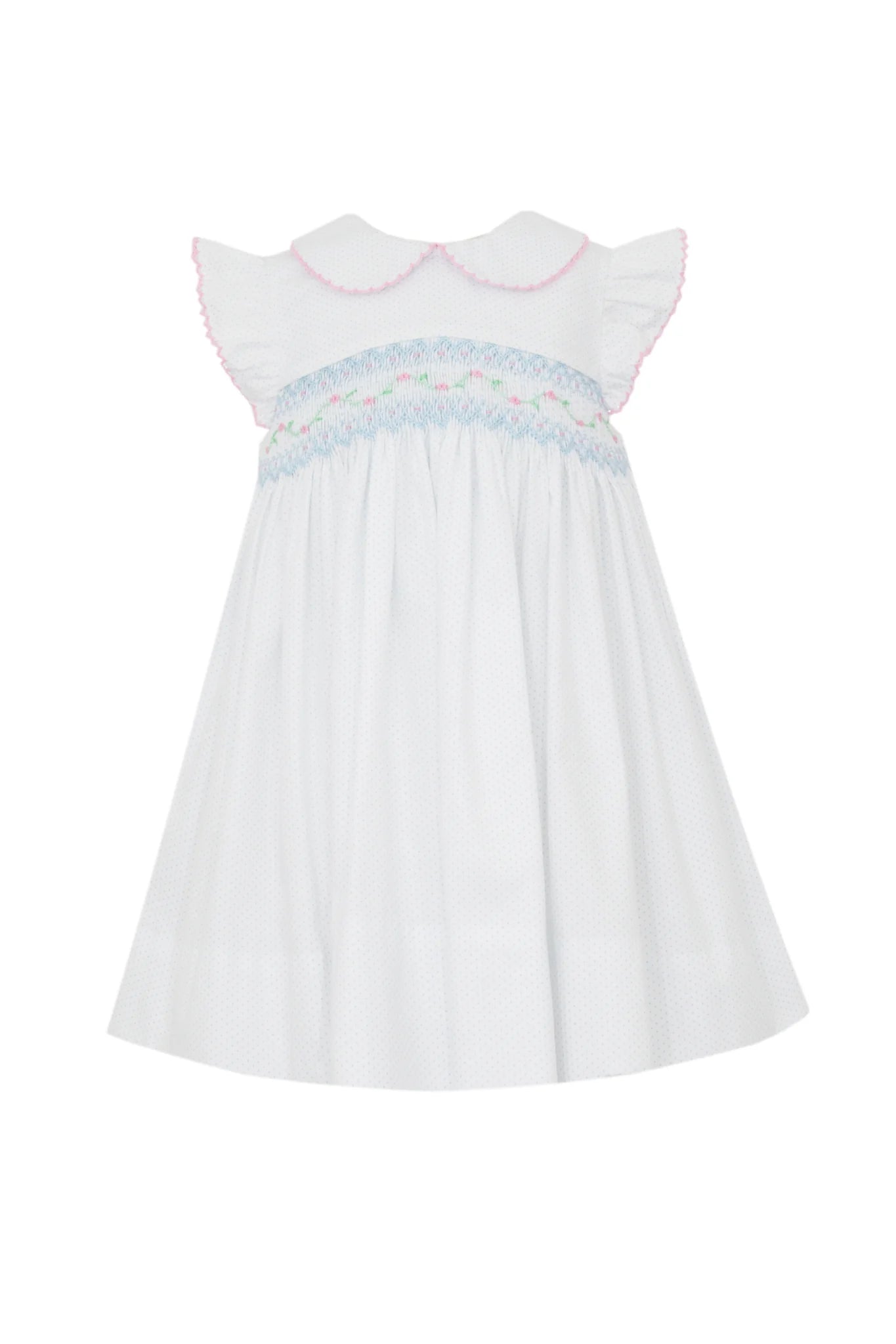 Camille Smocked Dress: White with Light Blue Polka Dots
