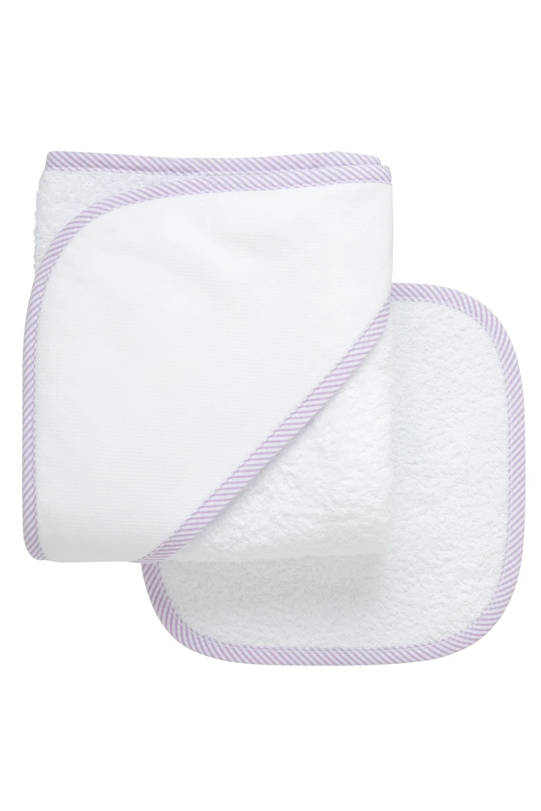 Hooded Towel + Washcloth Gift Set: White with Lilac Seersucker Trim