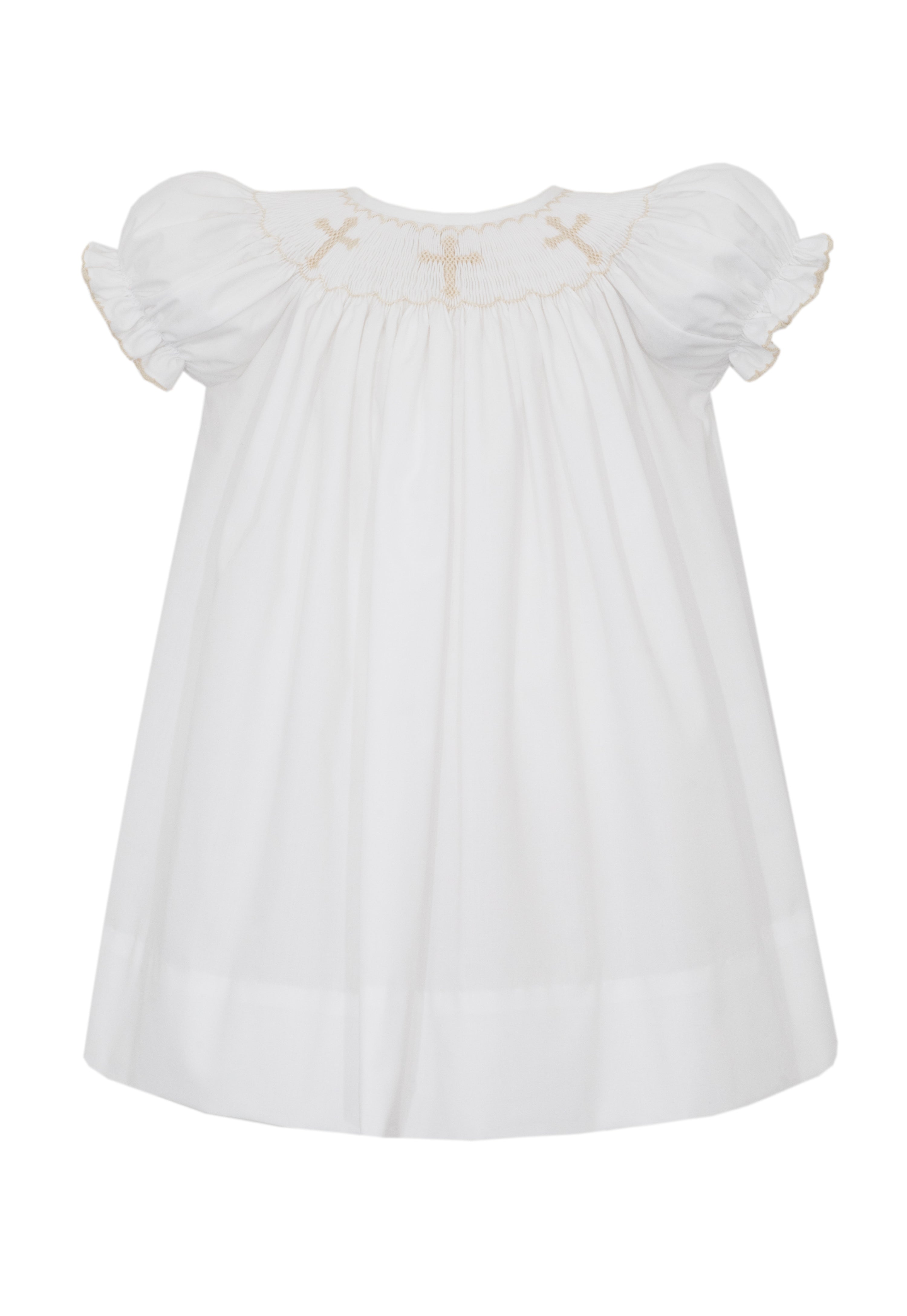 White Poplin Bishop Dress with Cross Smocking