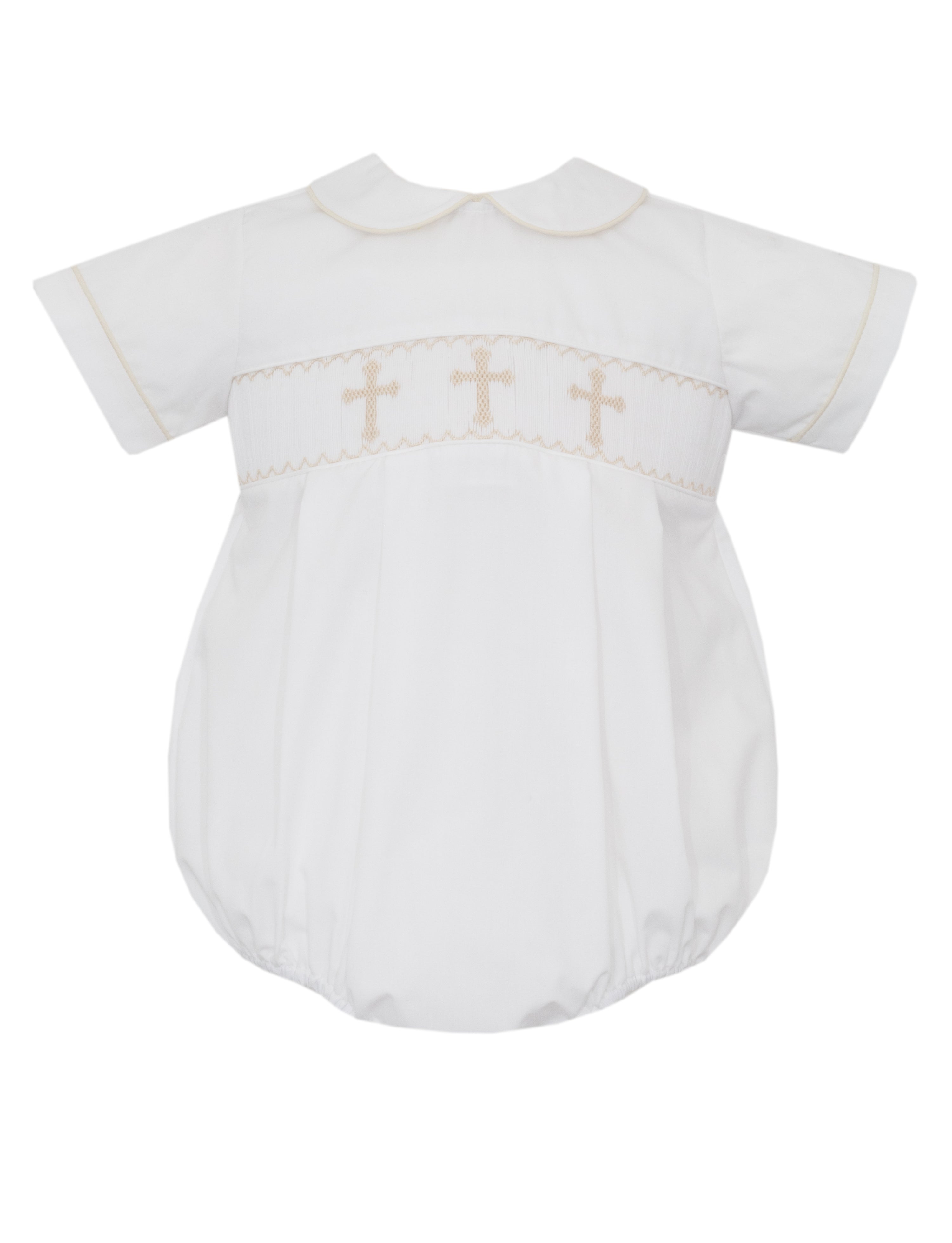 White Poplin Boys Bubble with Cross Smocking