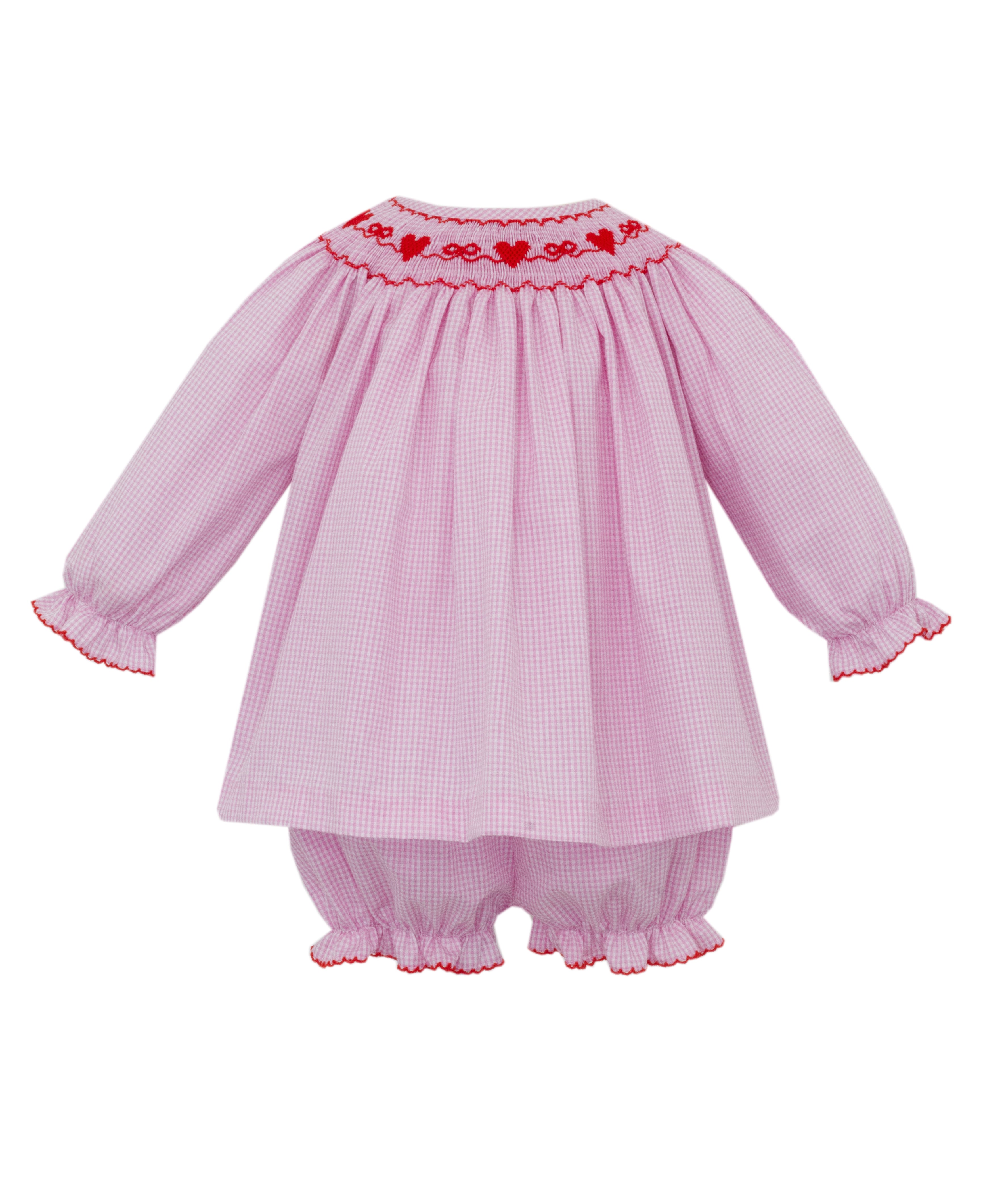 Pink Gingham Valentines Smocked LS Bubble