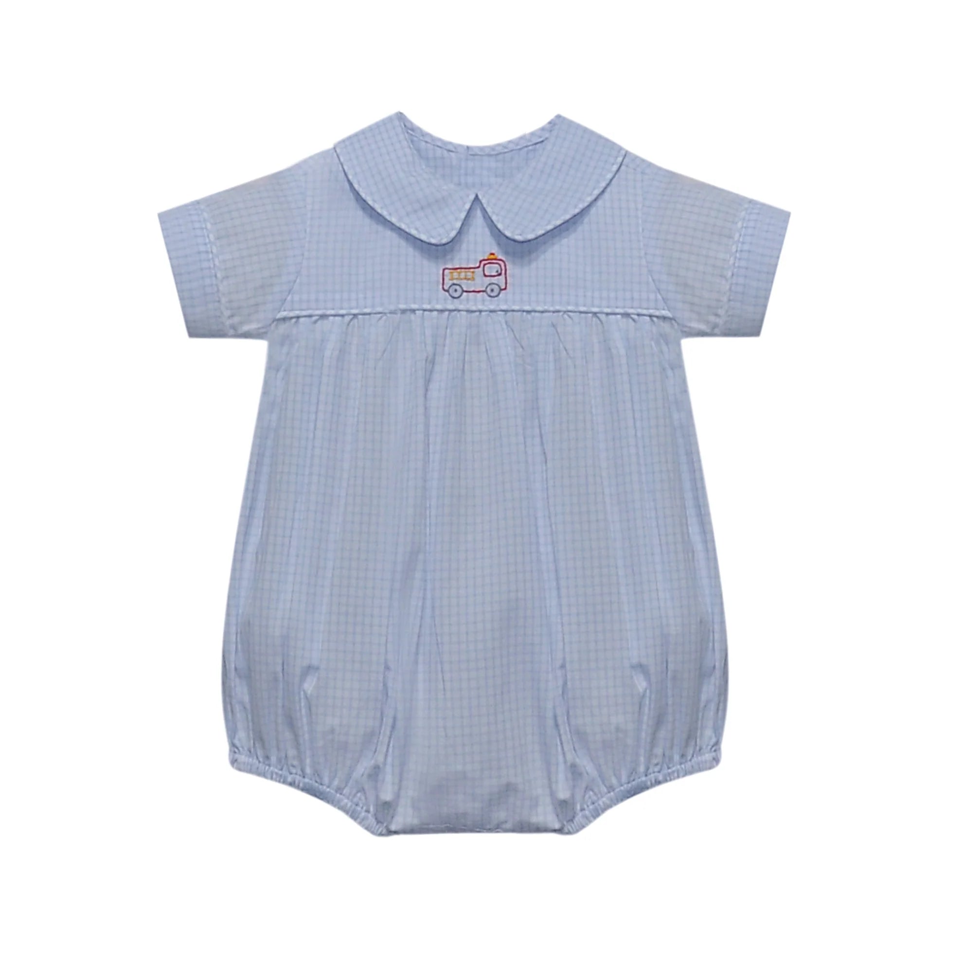 Light Blue Gingham Tate Boy Bubble: Fire Truck