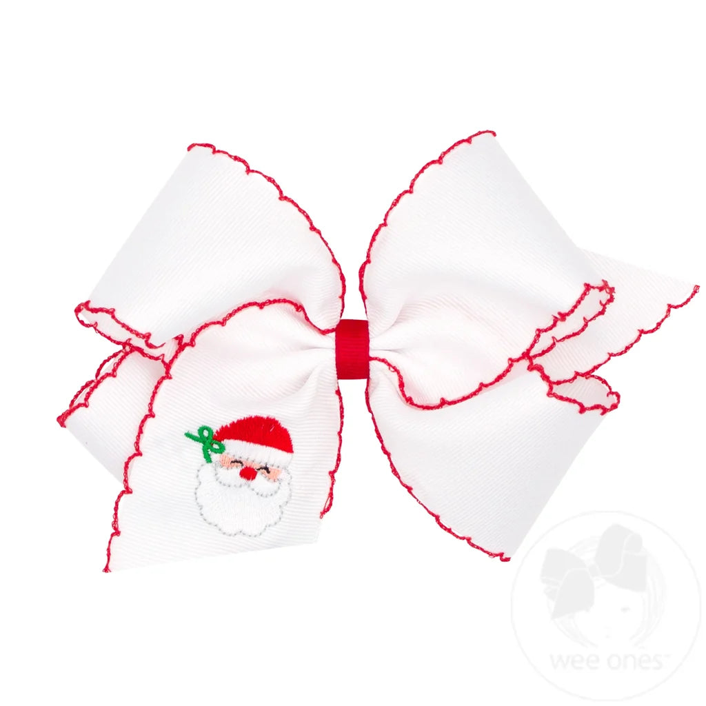 King Moonstitch Santa Embroidered Hair Bow: White with Red Trim