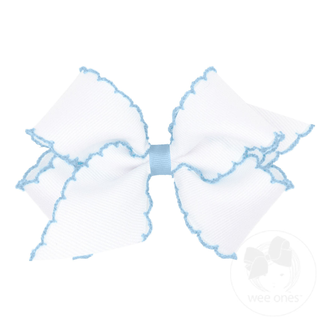 Moonstitch Grosgrain Hair Bow with Contrasting Wrap: White with Millinnium Blue