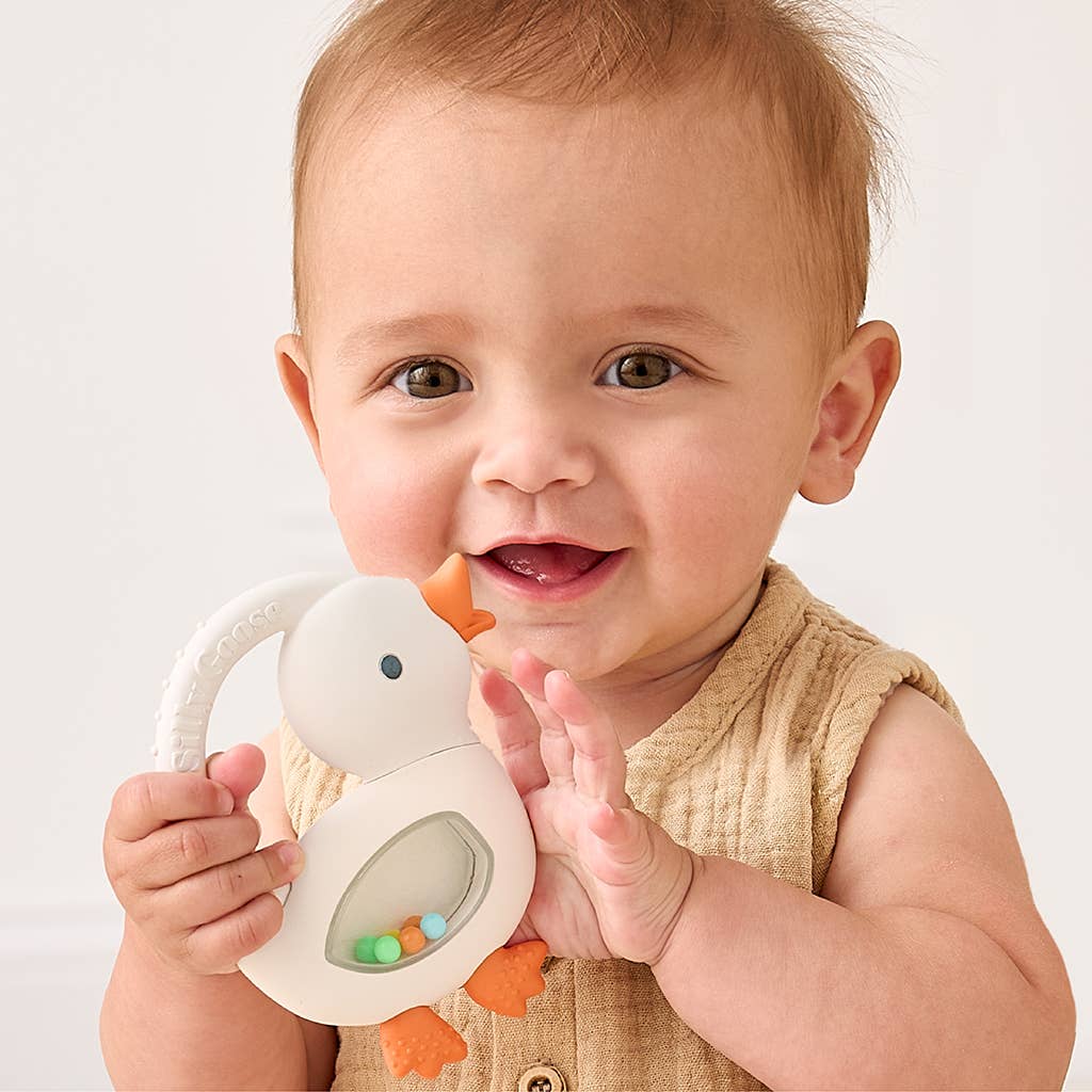 Bitzy Shake™ Silicone Teether with Rattle: Goose