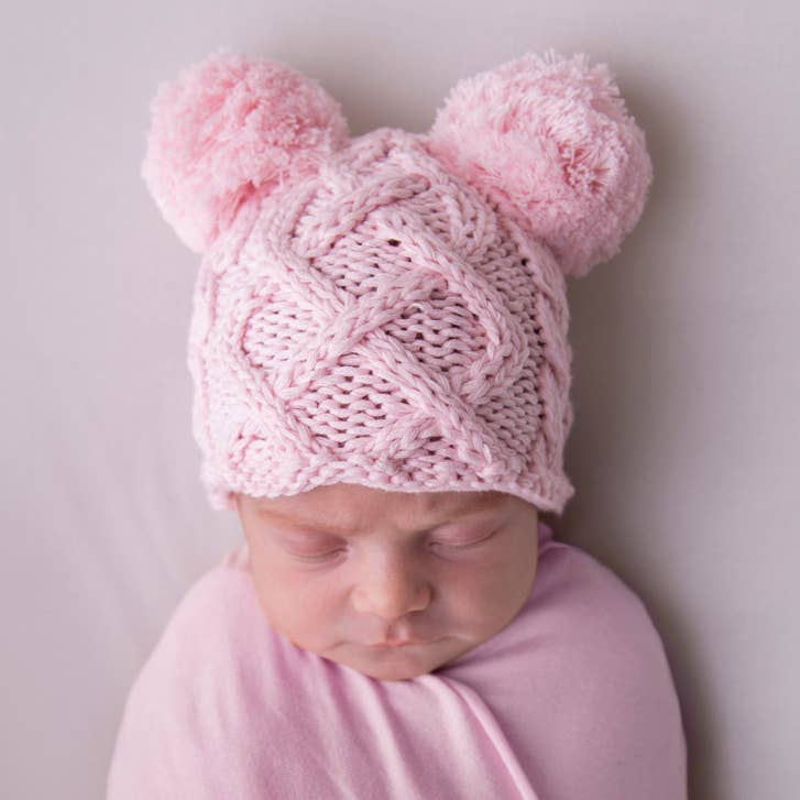 Newborn Baby Aran Pink Double Pom Pom Beanie Hat