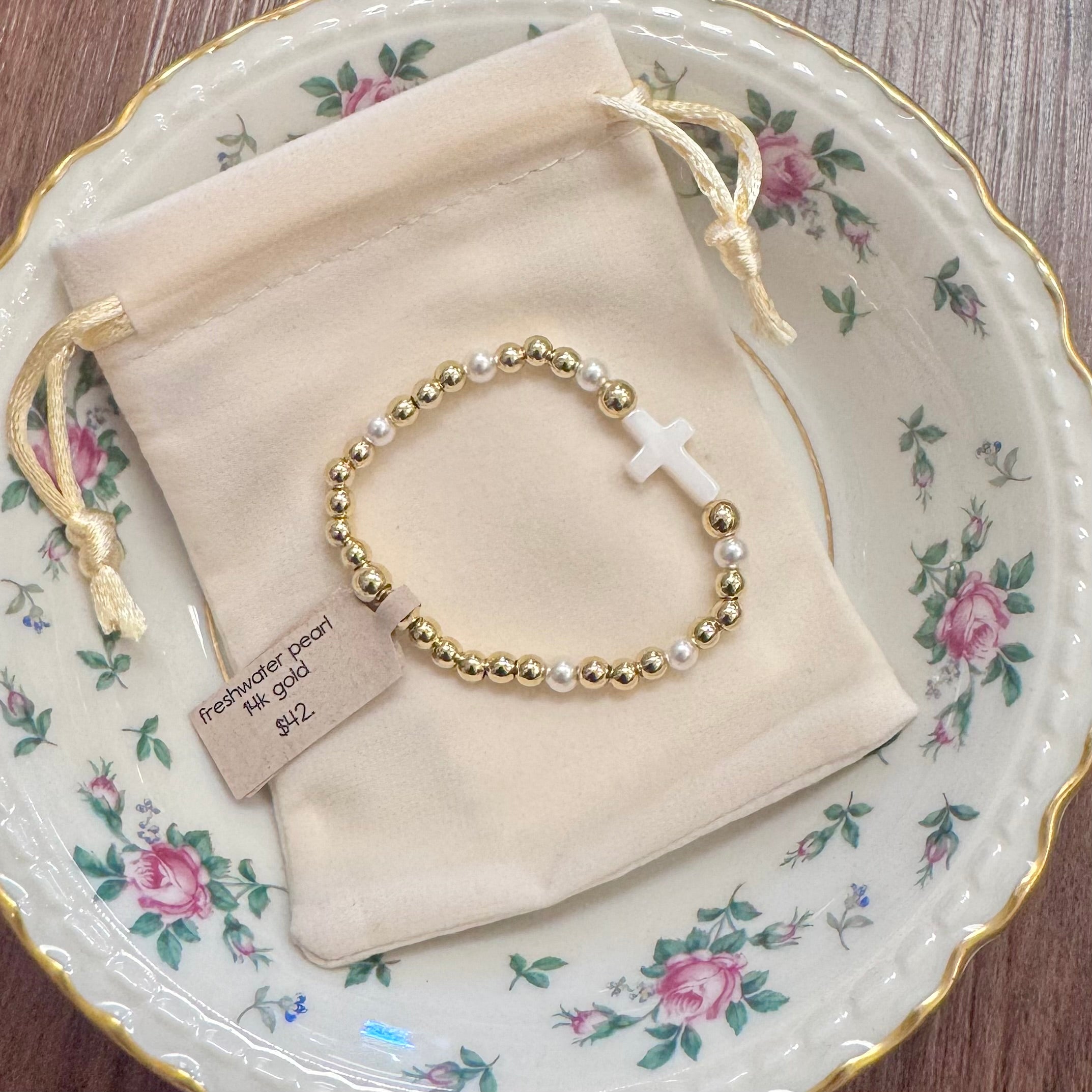 14K Gold Plated & Freshwater Pearl Baby Bracelet with Cross