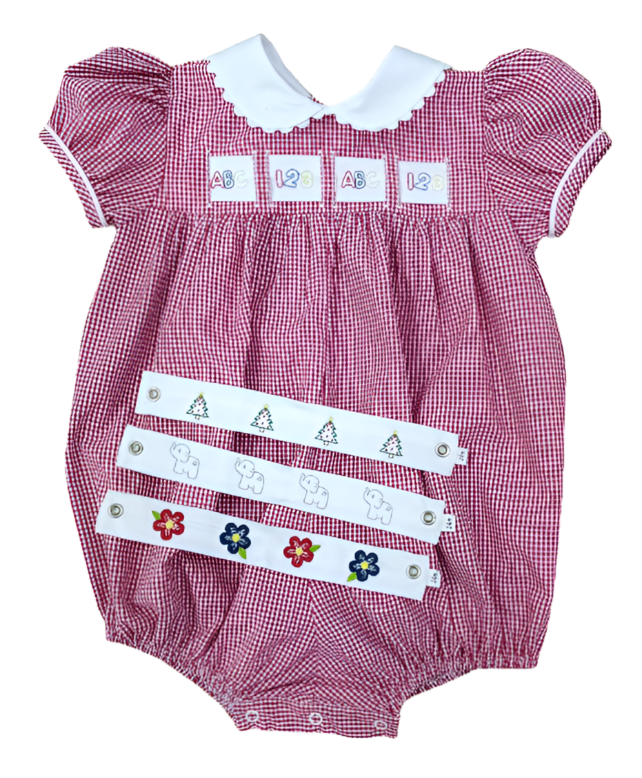 Red Gingham Ruth Ribbon Bubble: ABC/123, Elephant, Christmas Tree, Blue/Red Floral
