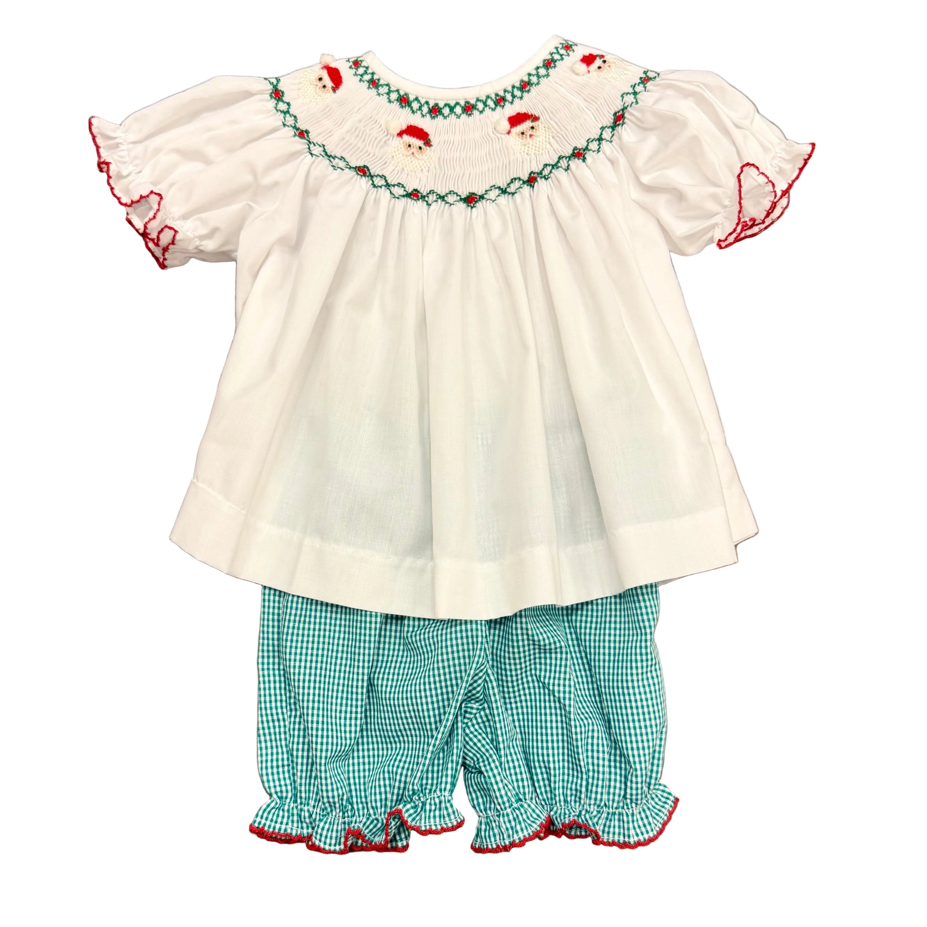 Green Gingham Santa Smocked Bishop Bloomer Set