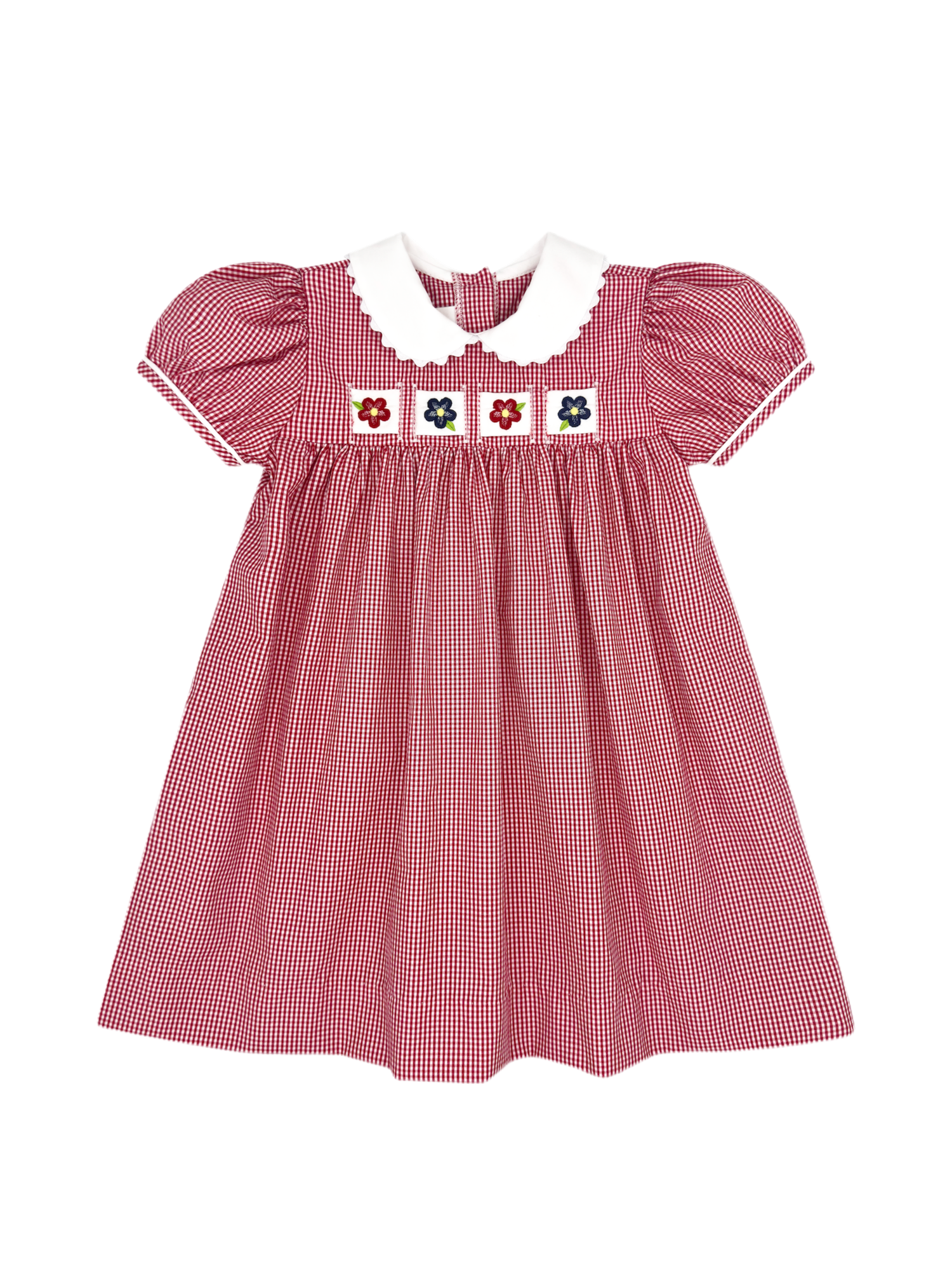 Red Gingham Ruth Ribbon Dress: ABC, Elephant, Christmas Trees, Red/Blue Flowers