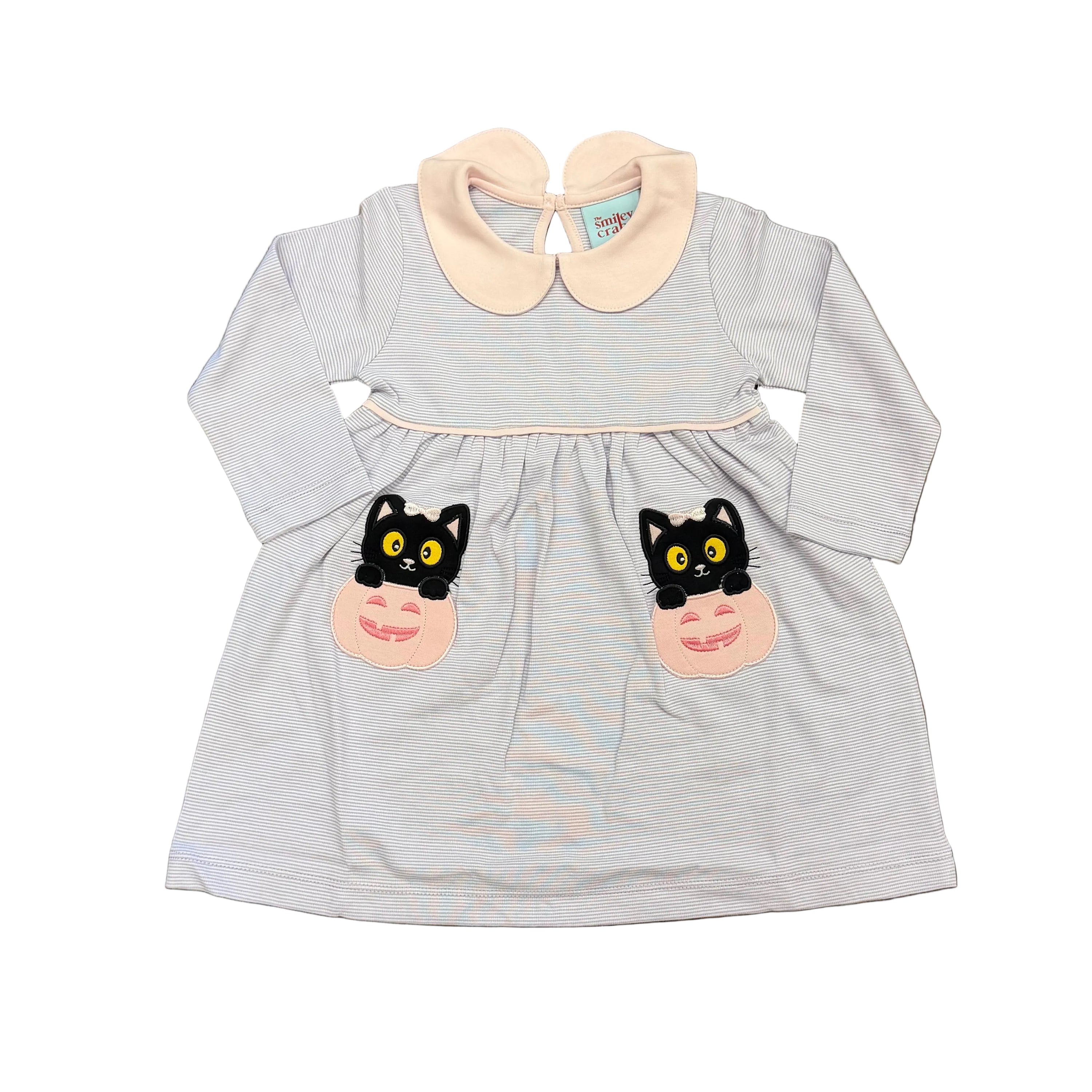 Purple/White Micro Stripe LS Dress with Black Cat/Jack-o-Lantern Applique