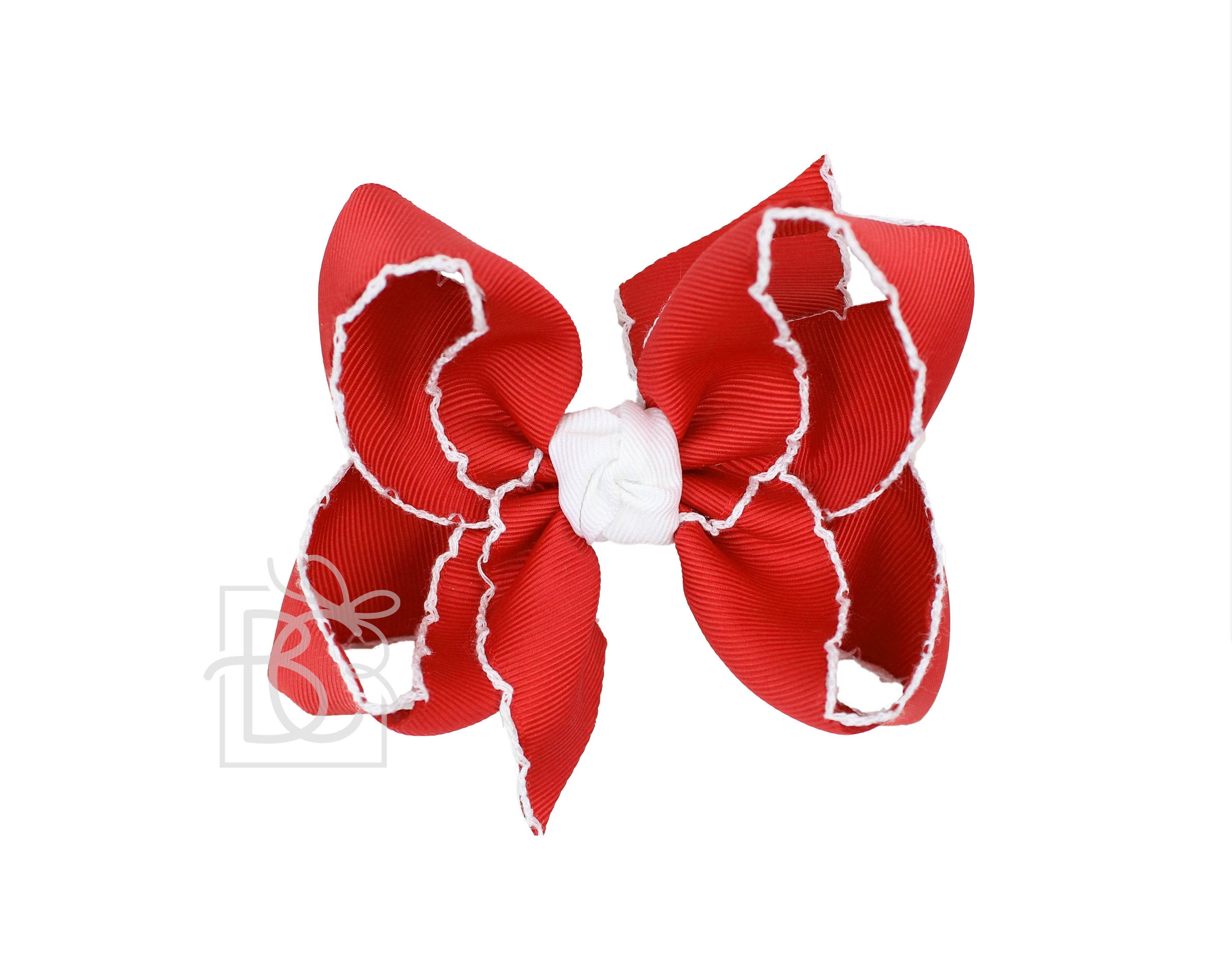 4.5" Crochet Edge Grosgrain Hairbow on Clip: Red with White