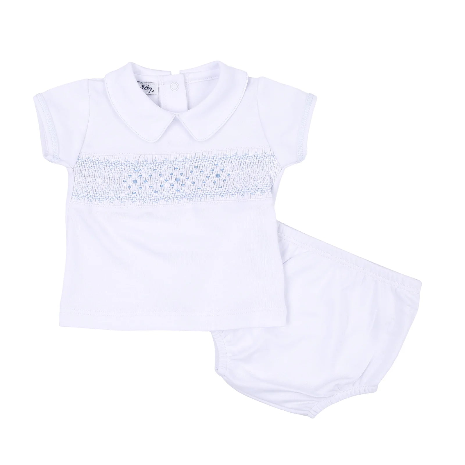 Lily & Lucas Smocked Collared Diaper Set: White with Light Blue Smocking