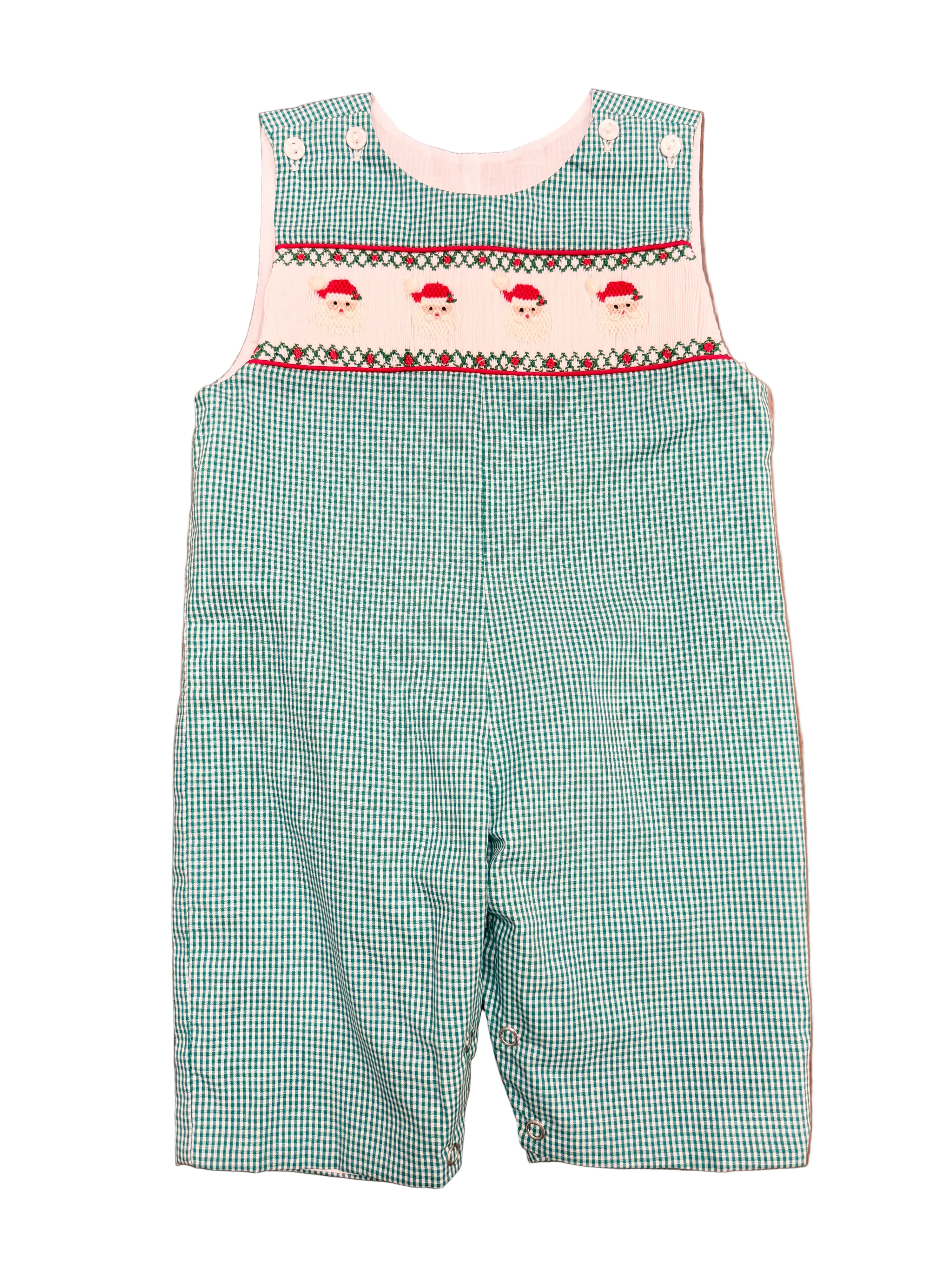 Green Gingham Santa Smocked Longall