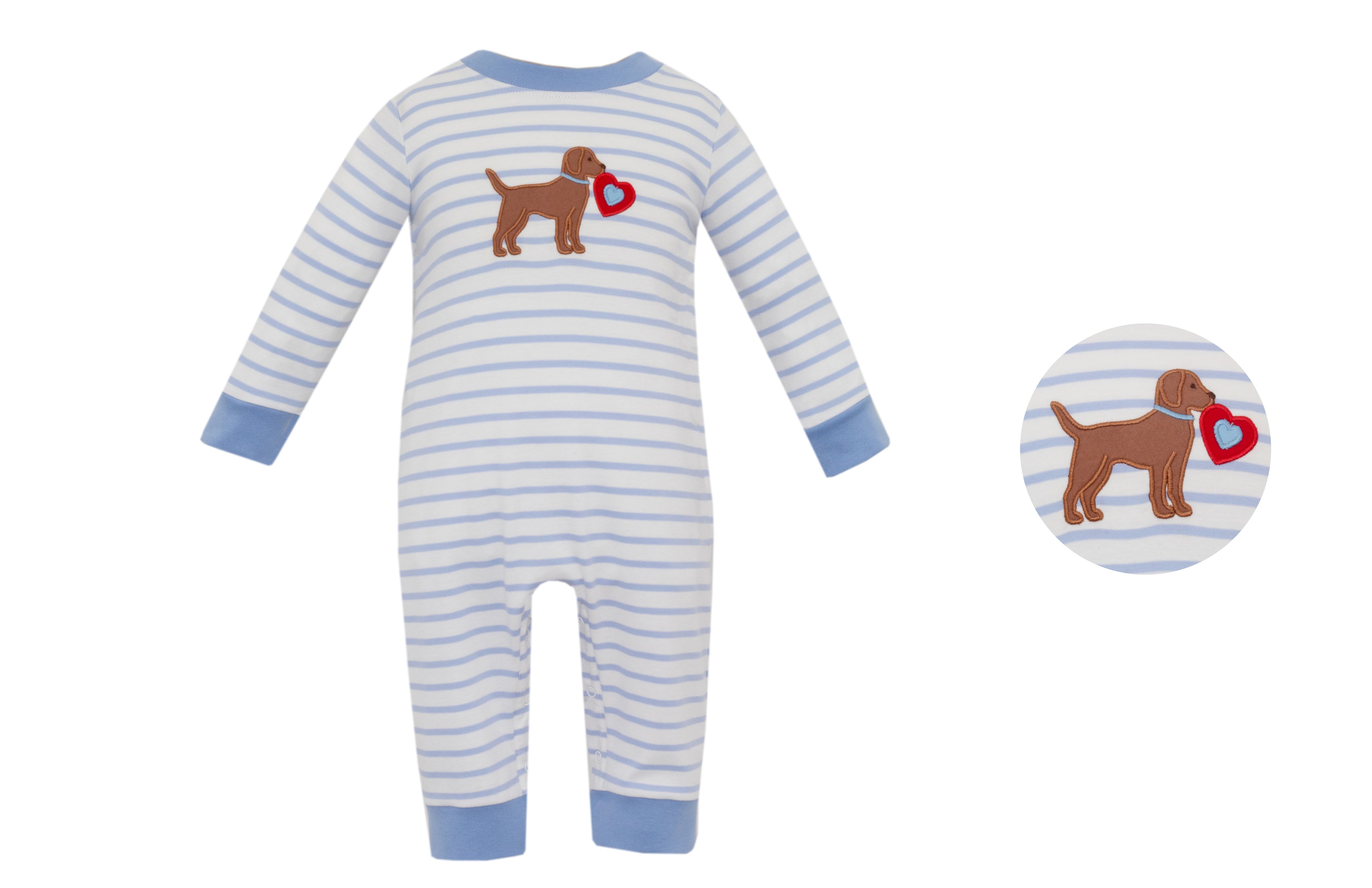Boys Light Blue Stripe Knit Long Romper: Valentines Dog