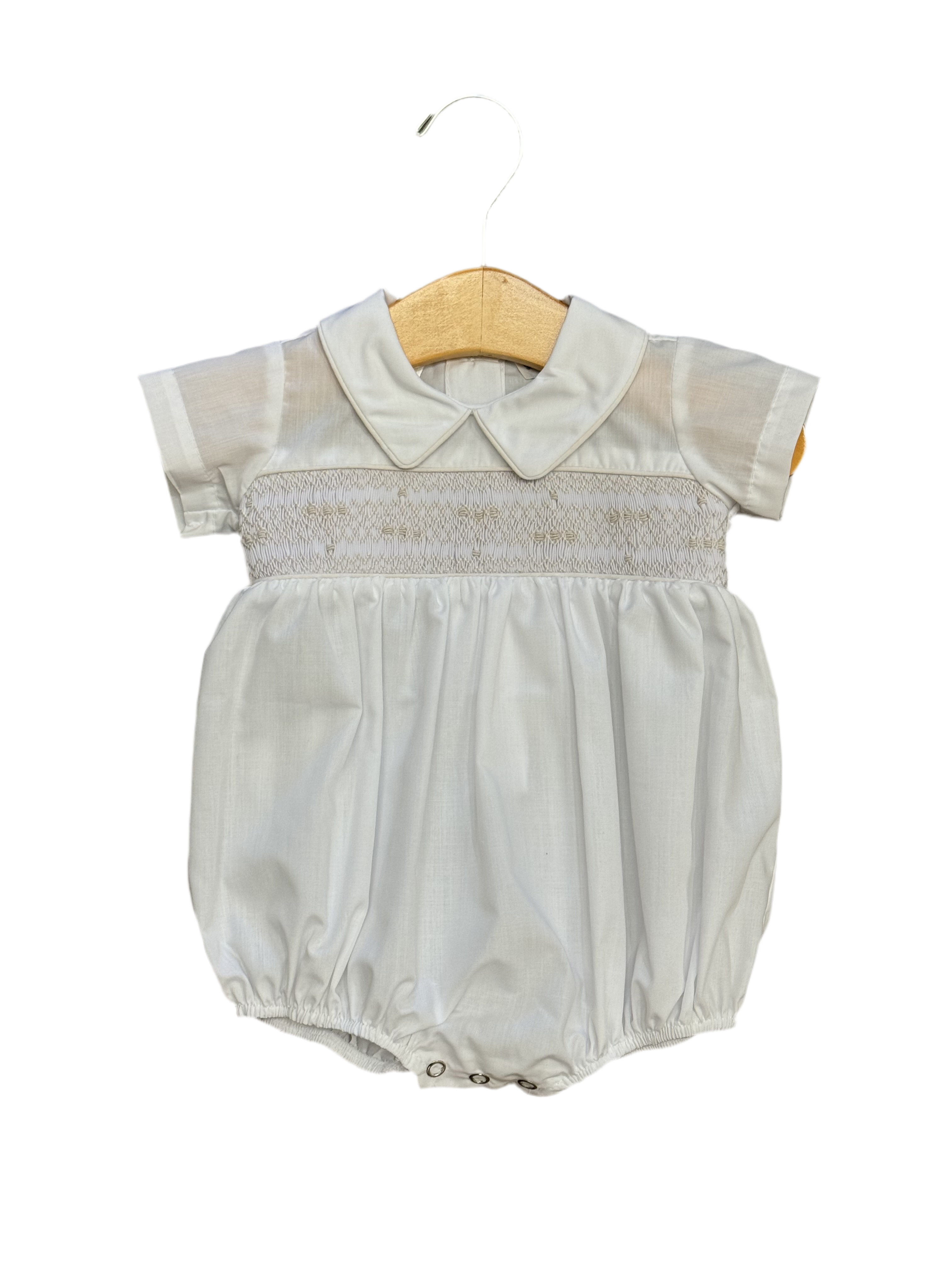White Smocked Boy Bubble with Ecru Trim