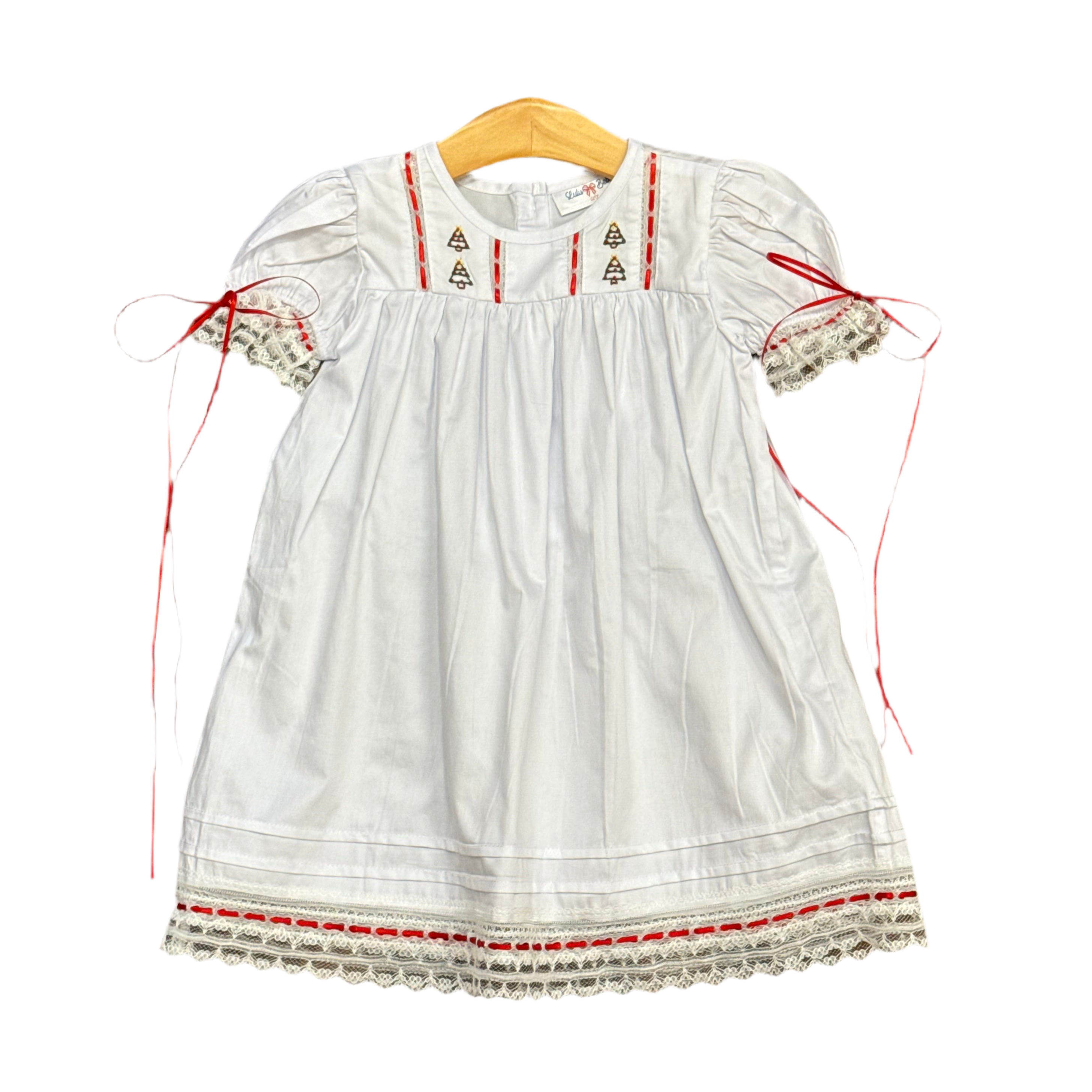 White Christmas Tree Embroidered Dress with Red Satin Ribbon