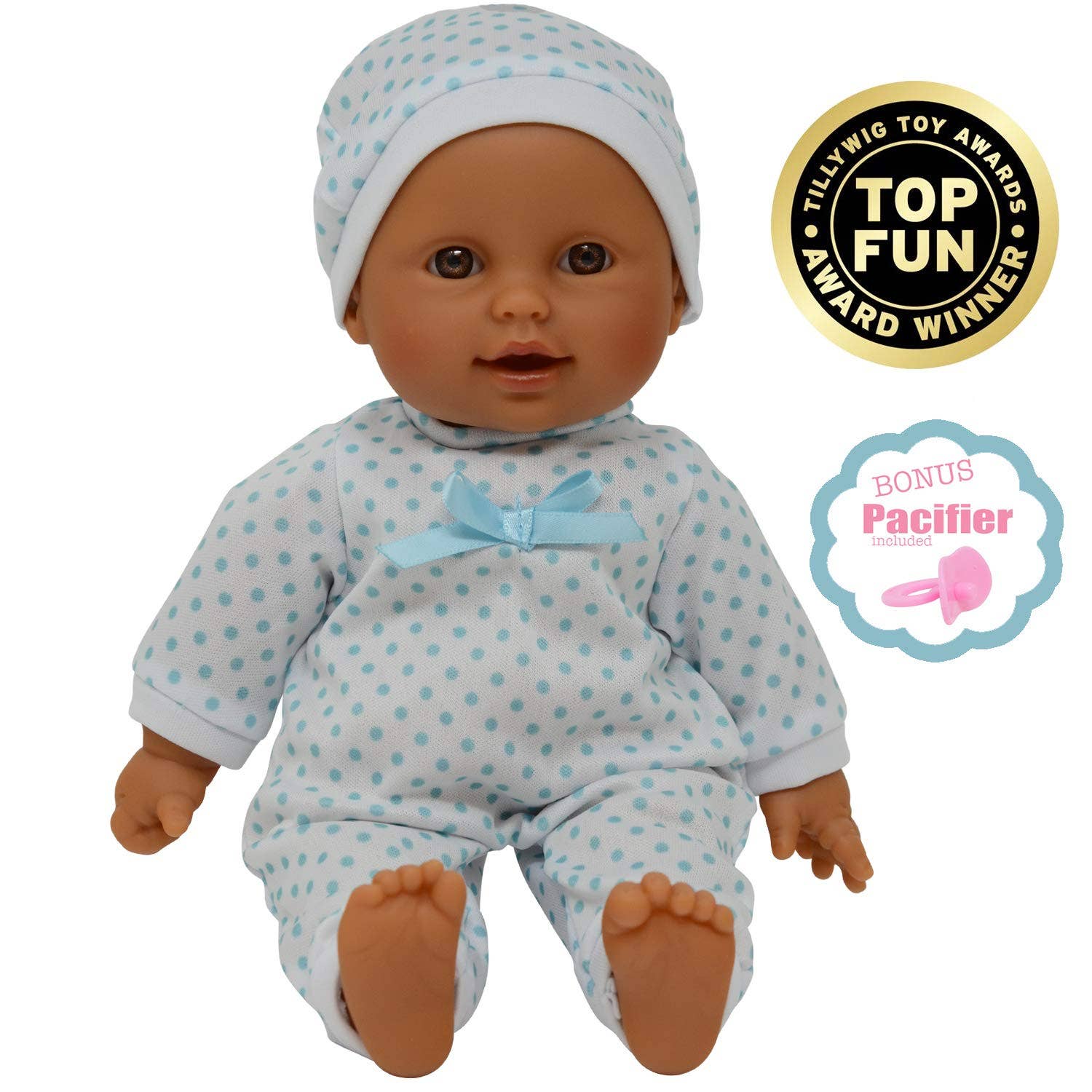 The New York Doll Collection 11" Doll: Light Blue Polka Dots W/ Pacifier