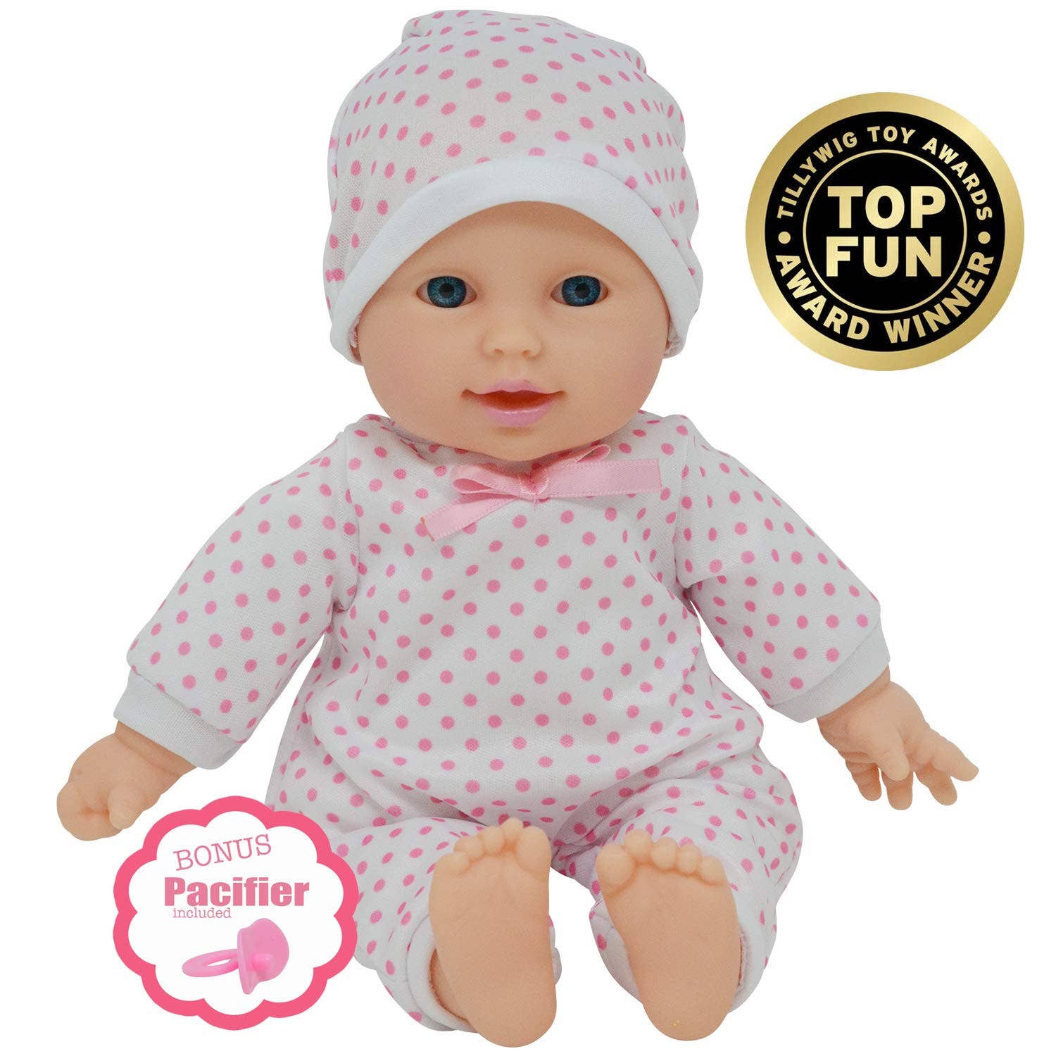The New York Doll Collection 11" Doll: Light Pink Polka Dots W/ Pacifier