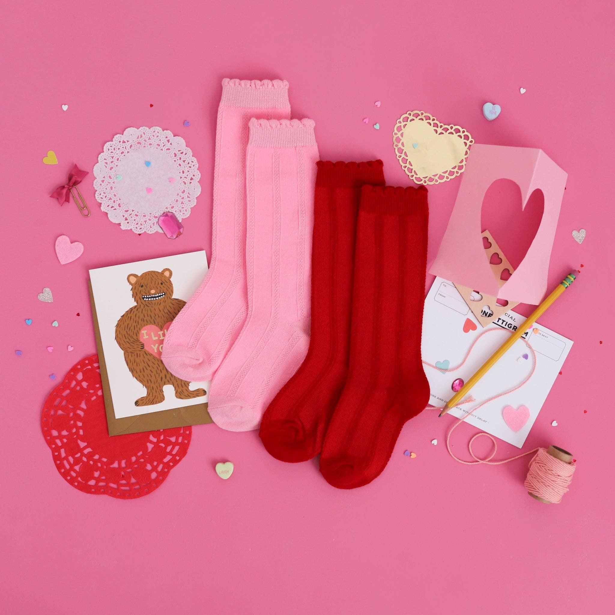 Bright Red Scalloped Knee High Socks