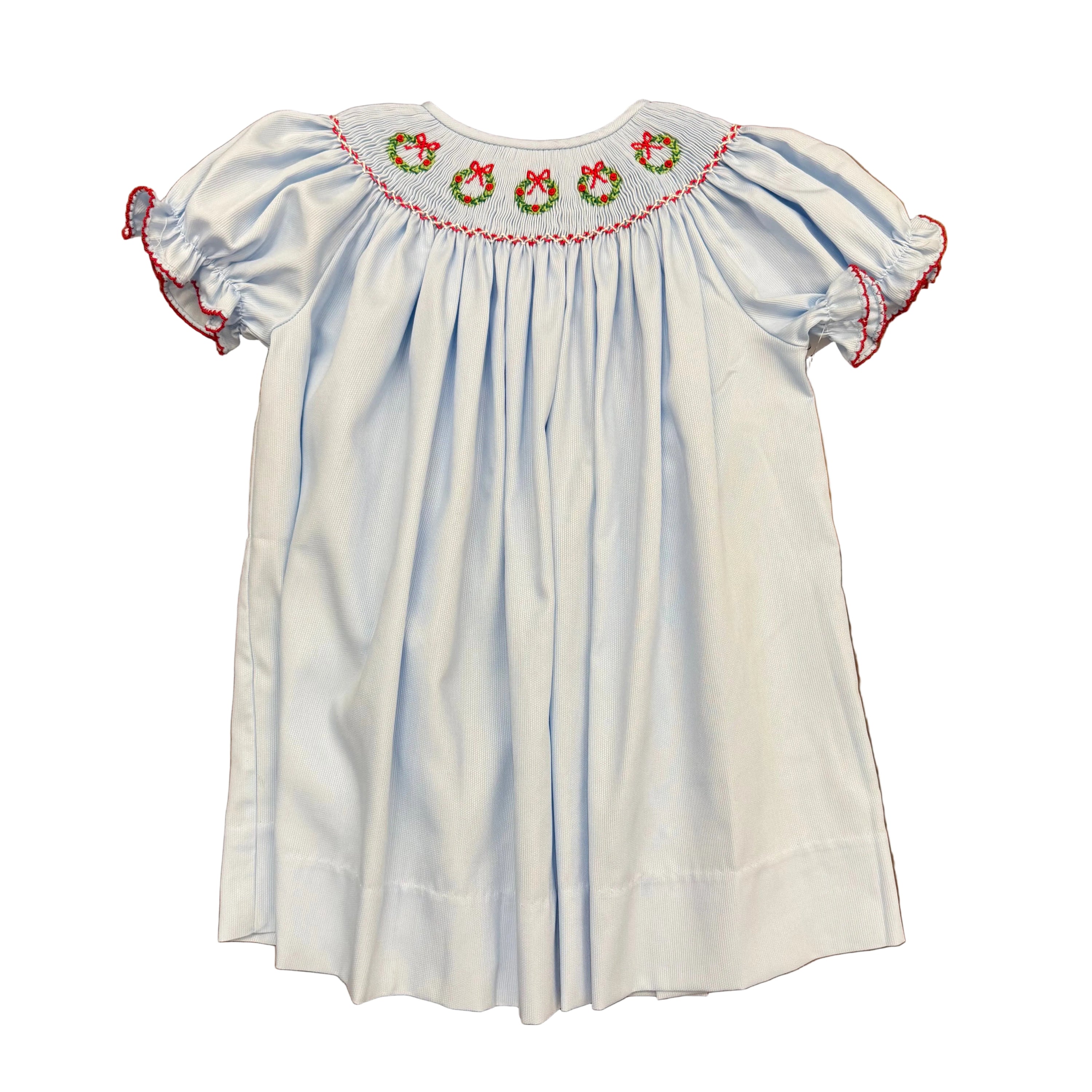 Light Blue Christmas Wreath Smocked Bishop Dress