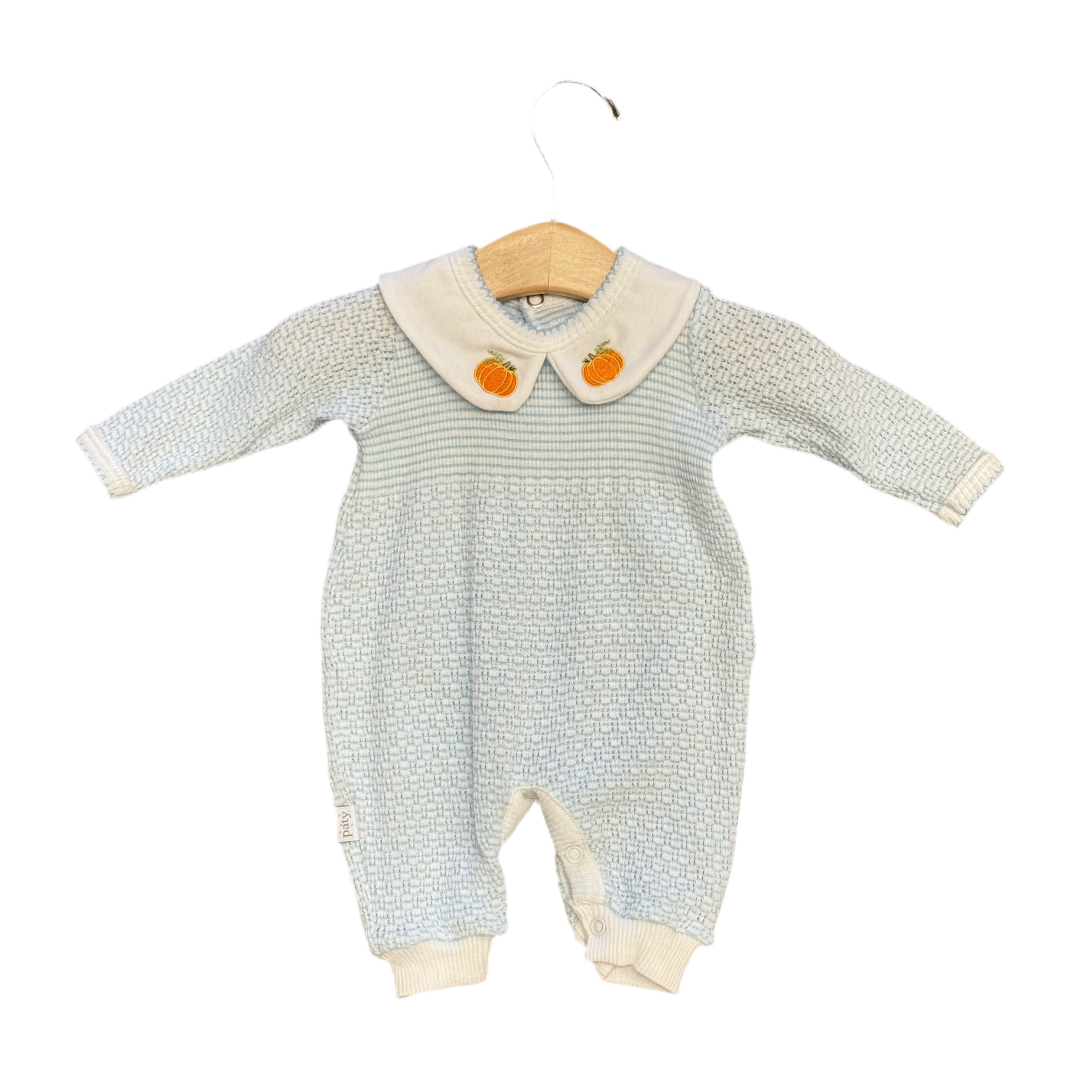Paty Solid Romper w/Collar & Pumpkin Embroidery: Blue