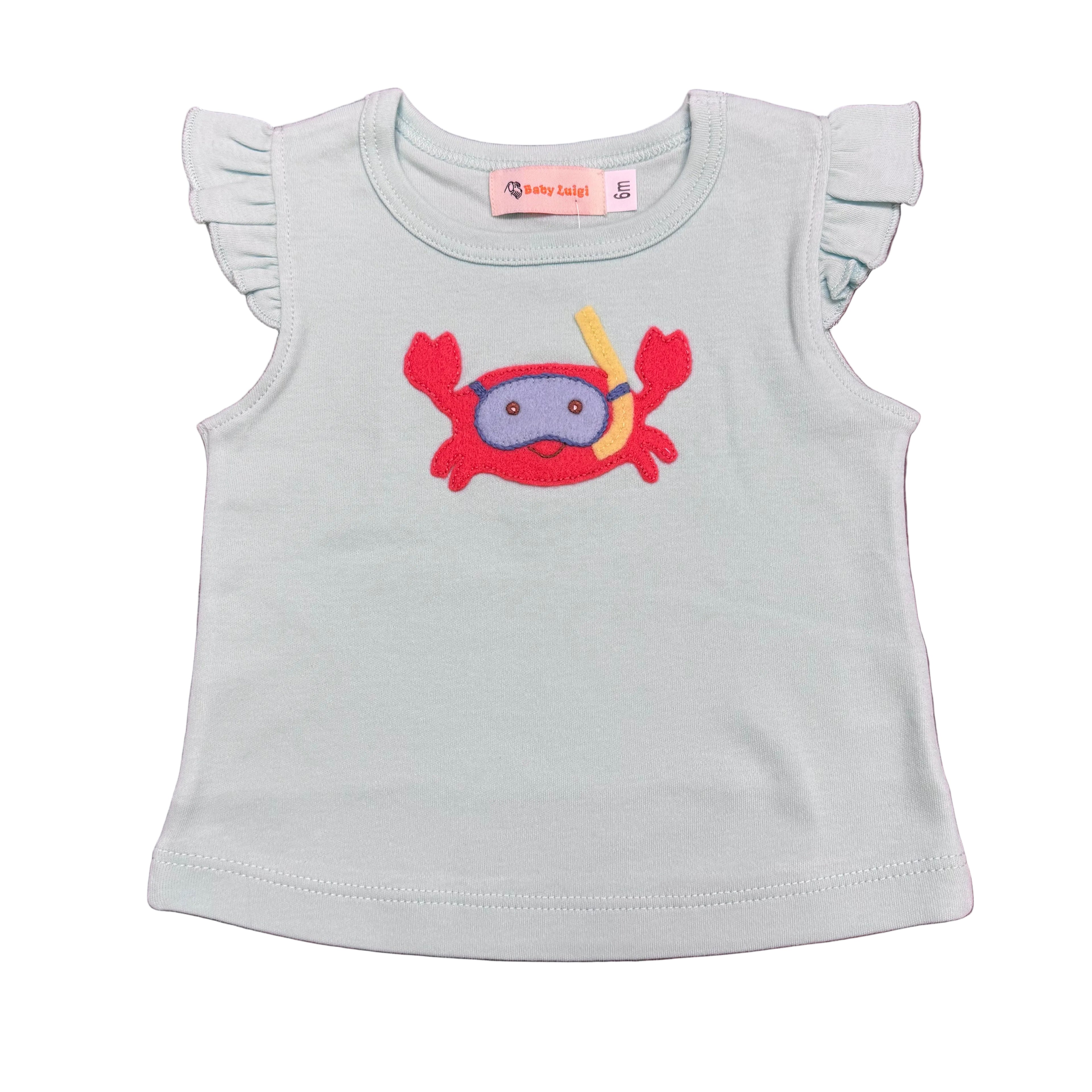 Girls Light Jade Flutter Sleeve Tank with Crab w/Snorkle Applique