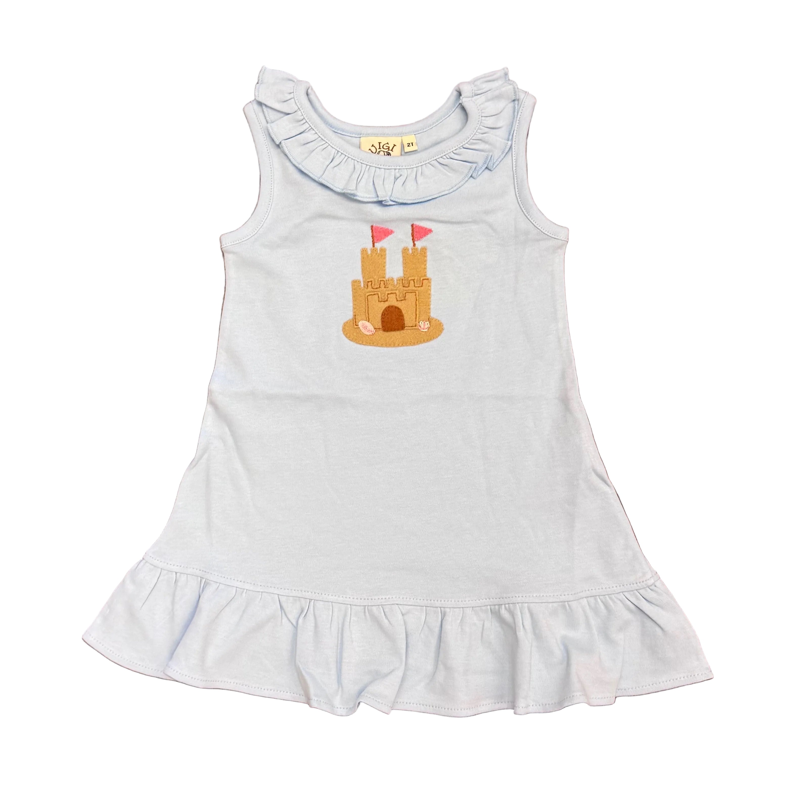 Girls Light Sky Blue Ruffle Sleeveless Dress with Sandcastle Applique