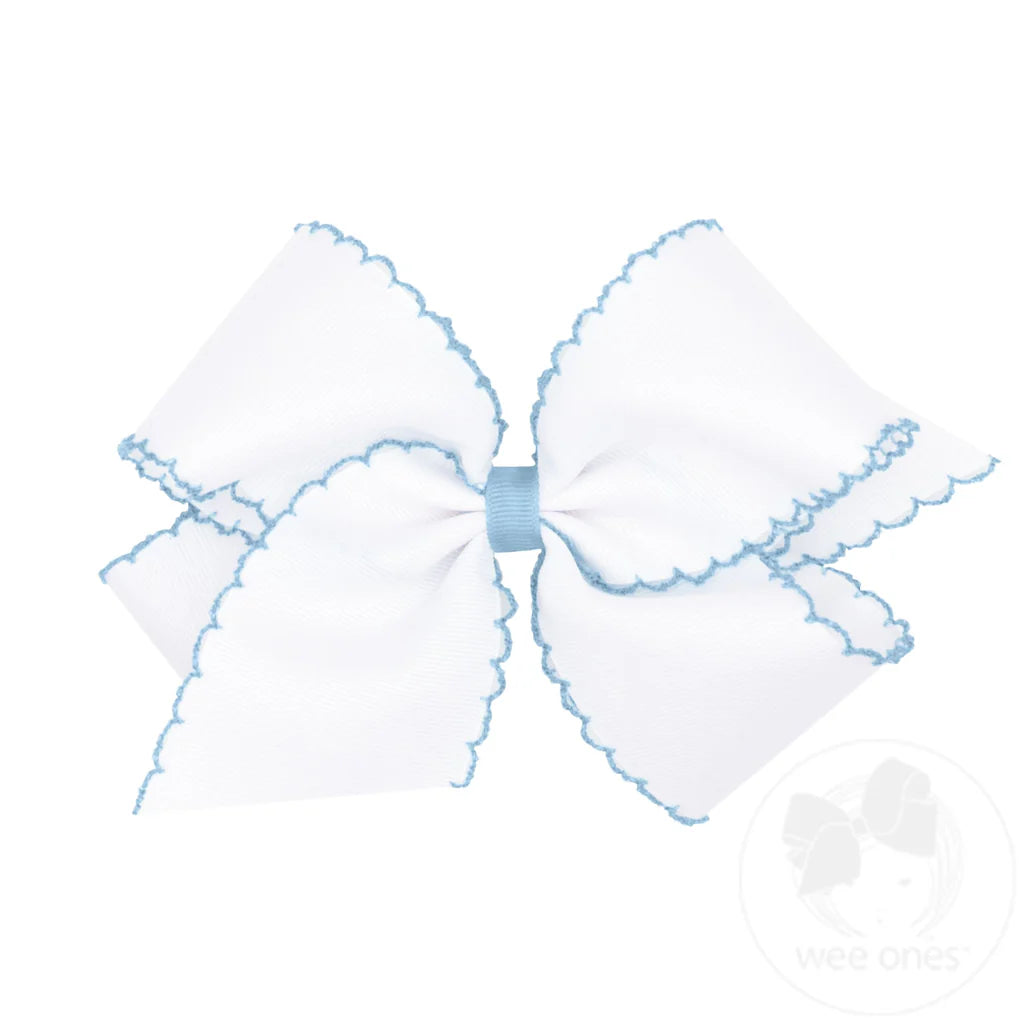 Moonstitch Grosgrain Hair Bow with Contrasting Wrap: White with Millinnium Blue