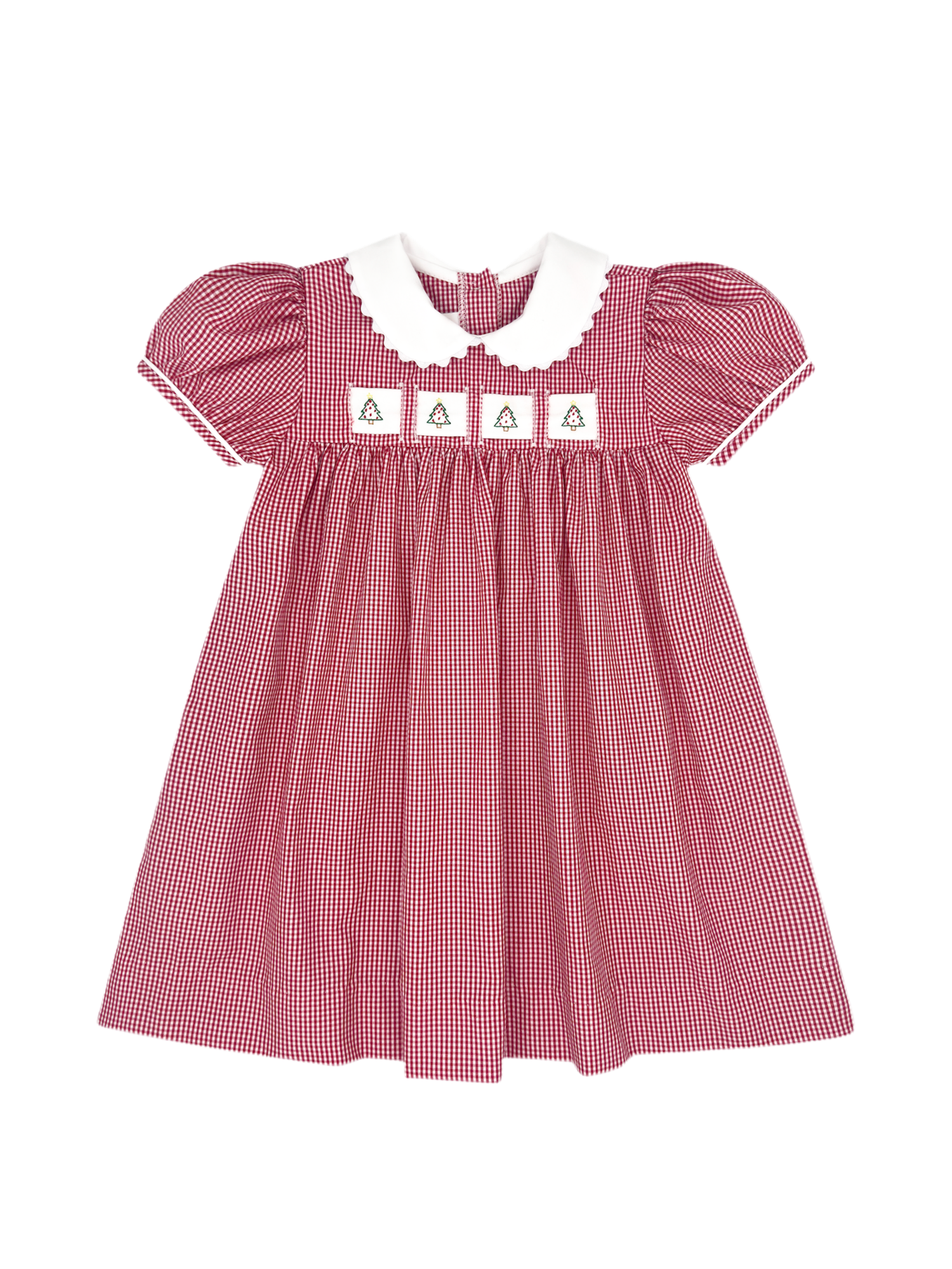 Red Gingham Ruth Ribbon Dress: ABC, Elephant, Christmas Trees, Red/Blue Flowers
