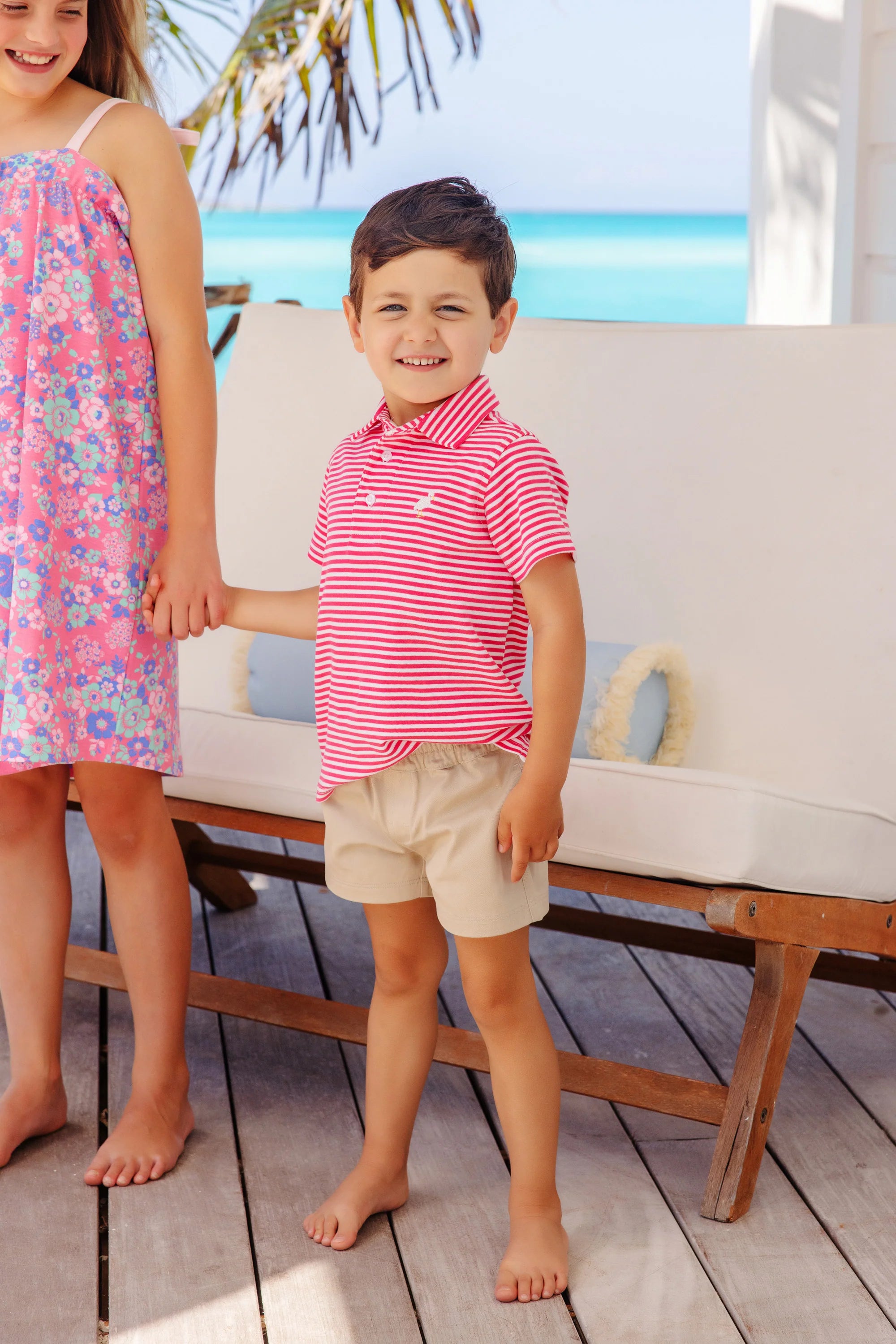TBBC Prim & Proper Polo: Palm Springs Punch Stripe with Multicolor Stork
