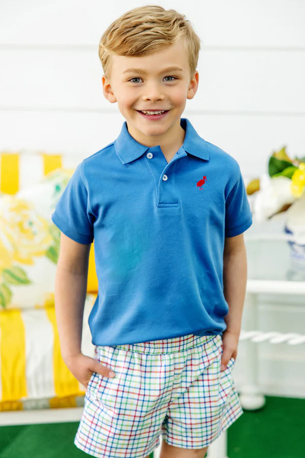 TBBC SS Prim & Proper Polo: Woodboat Blue with Richmond Red Stork